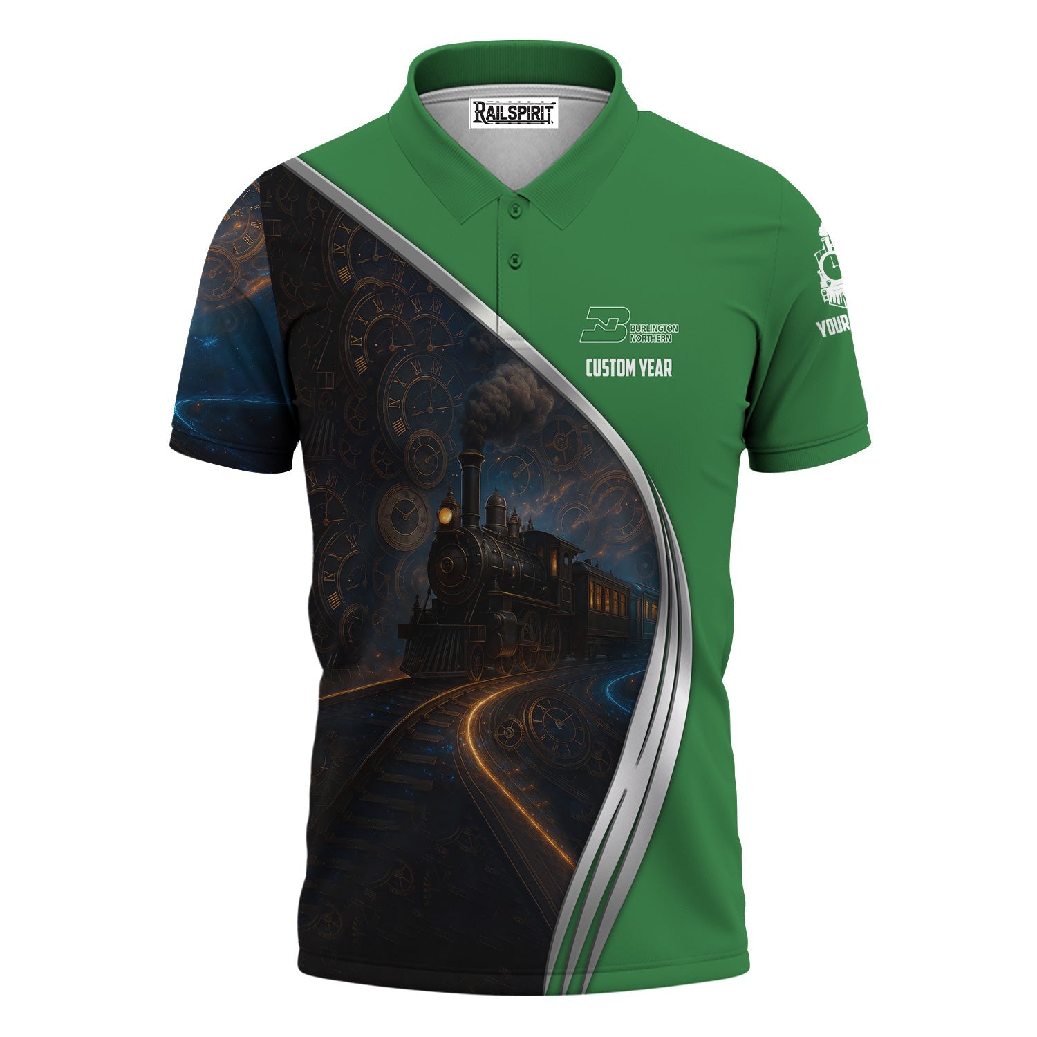 Railspirit Personalized Burlington Northern Railroad Polo Shirt Steampunk Locomotive with Custom Year Train Shirt