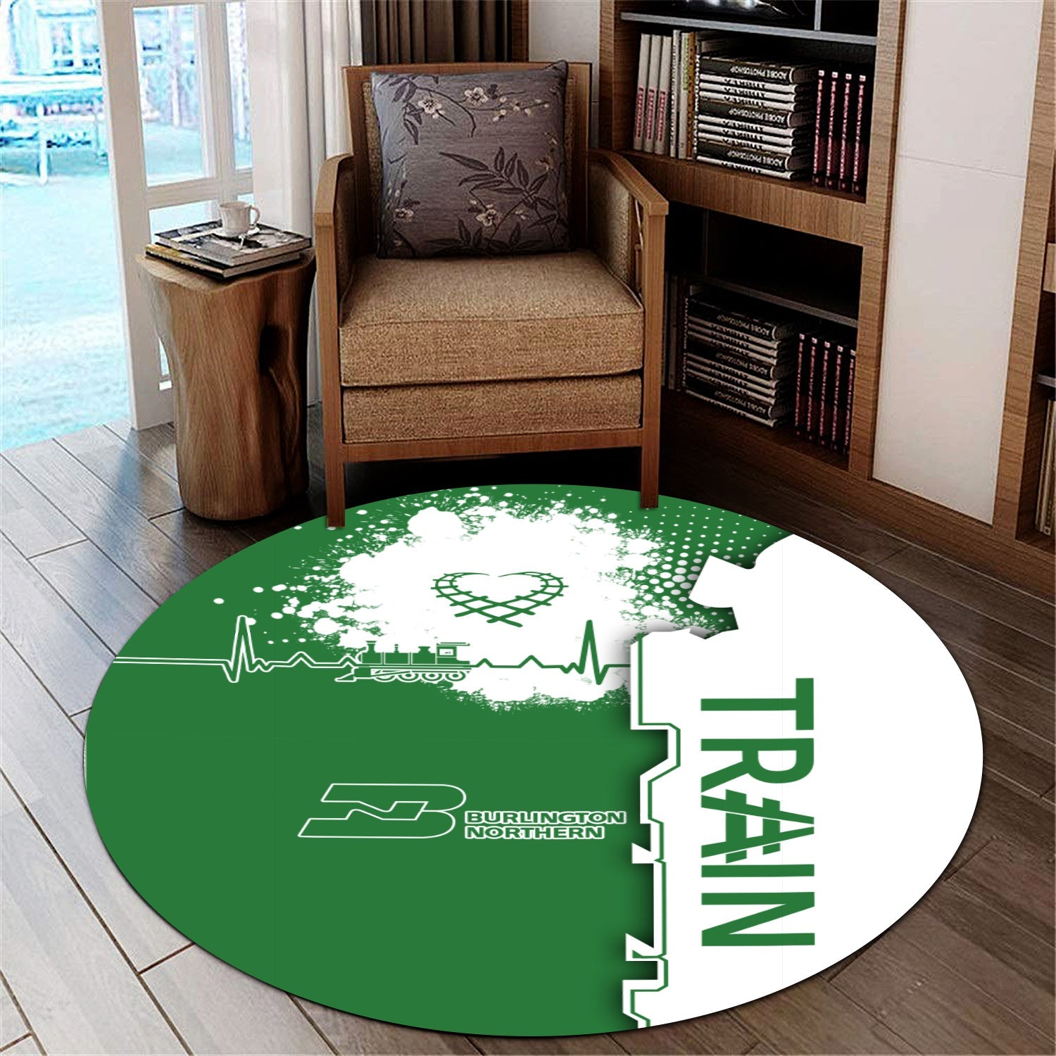 Railspirit Burlington Northern Railroad Round Mat Engine Heartbeat and Track Love Style Mat Gift Idea For Train Lovers
