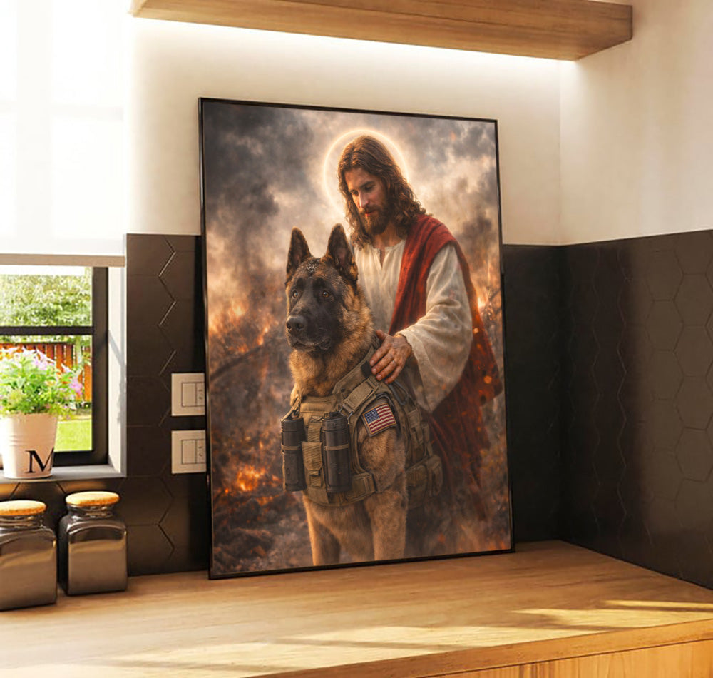 Jesus and Military Dog Wall Art, Christian Faith Canvas, German Shepherd Artwork, Patriotic Religious Home Decor