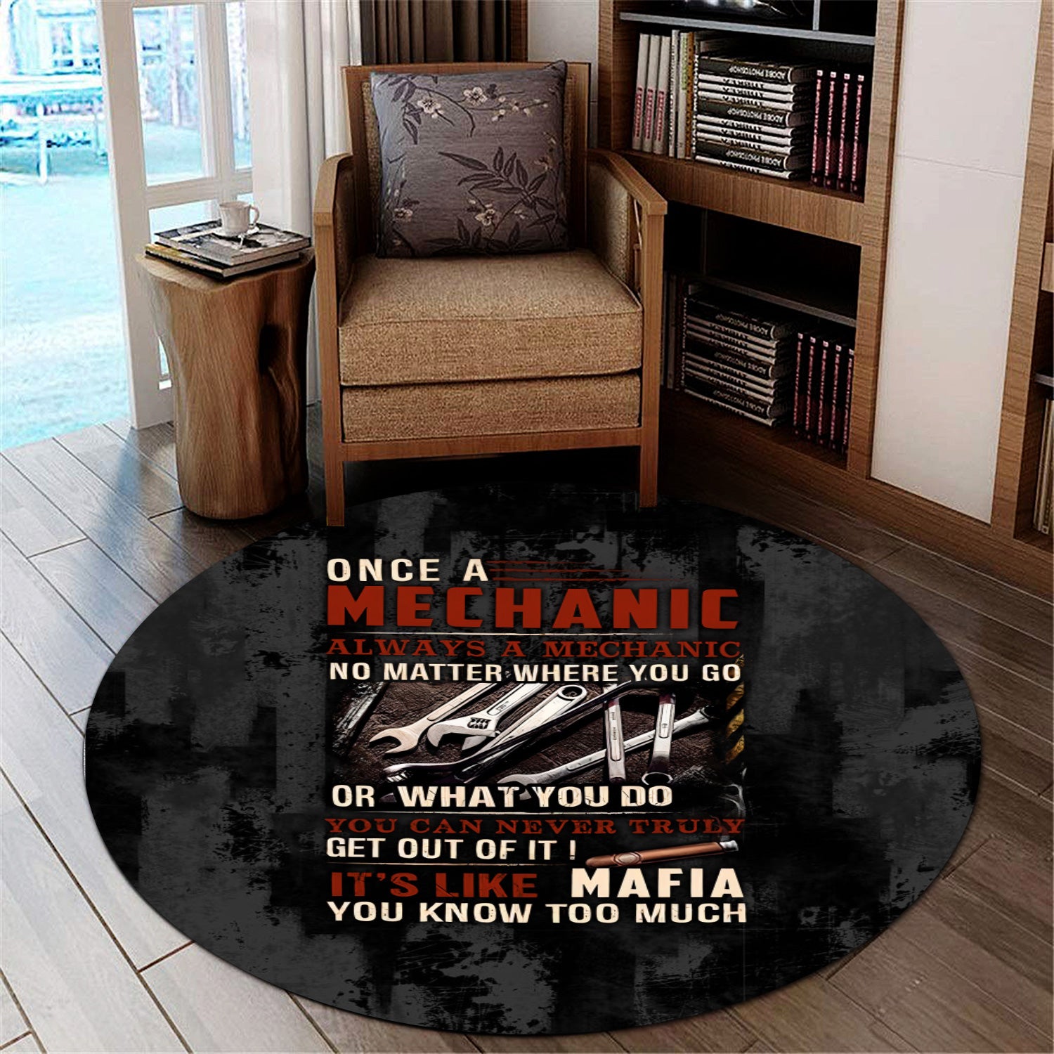 Mechanic Round Mat Funny Quote, Once A Mechanic Always A Mechanic, Gift for Mechanic Lovers, Work, Garage, Car Enthusiasts, Automotive Rug Home Decor