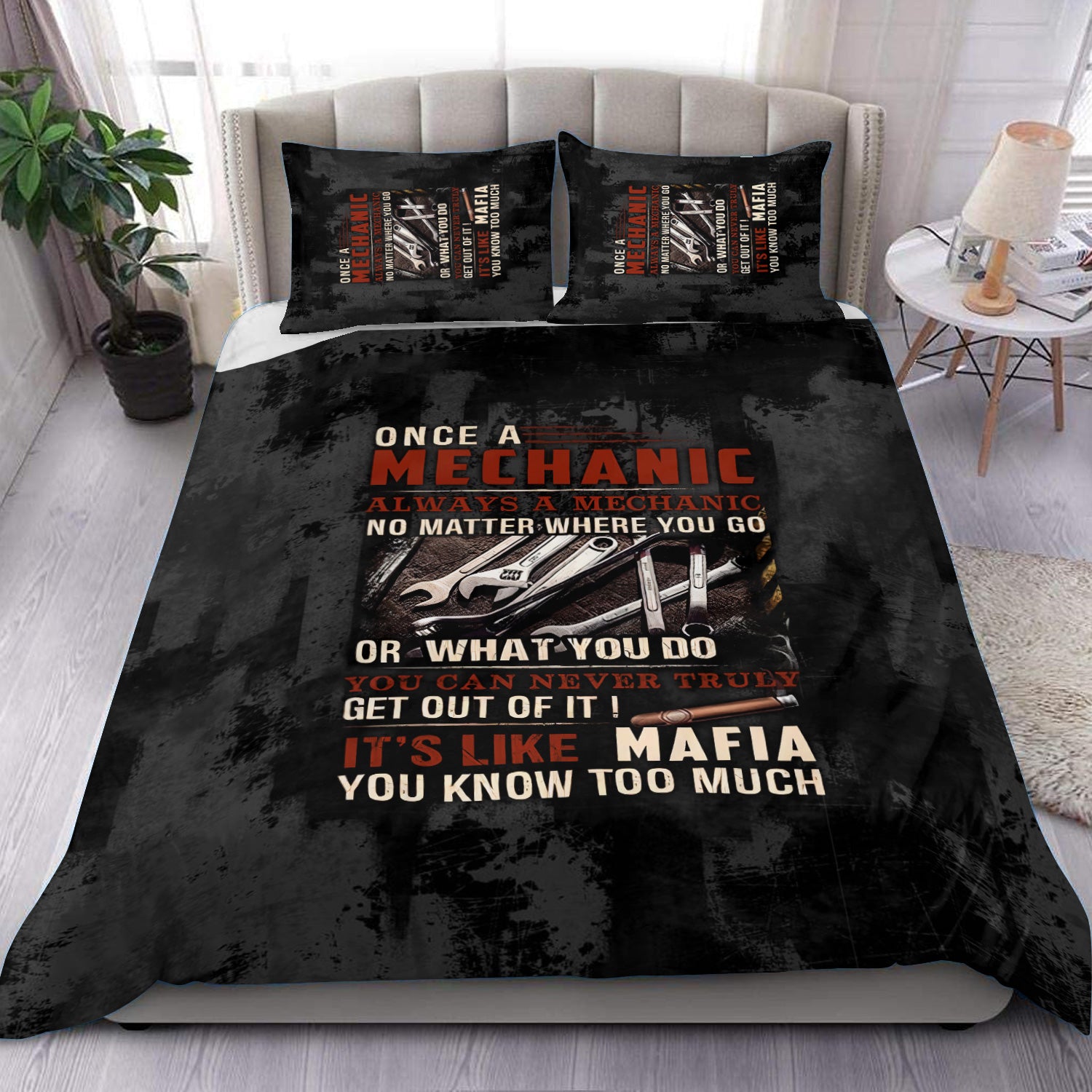Mechanic Bedding Set Funny Quote, Once A Mechanic Always A Mechanic, Gift for Mechanic Lovers, Work, Garage, Car Enthusiasts, Automotive Bedding Set Home Decor