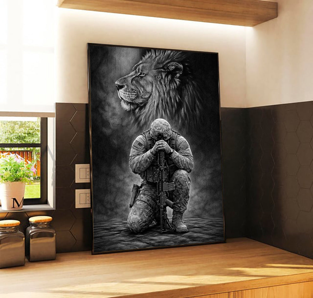 Lion Soldier Wall Art Canvas, Warrior Strength Military Artwork, Veteran Gift for Men, Tactical Lion Canvas, Courage Faith Home Decor
