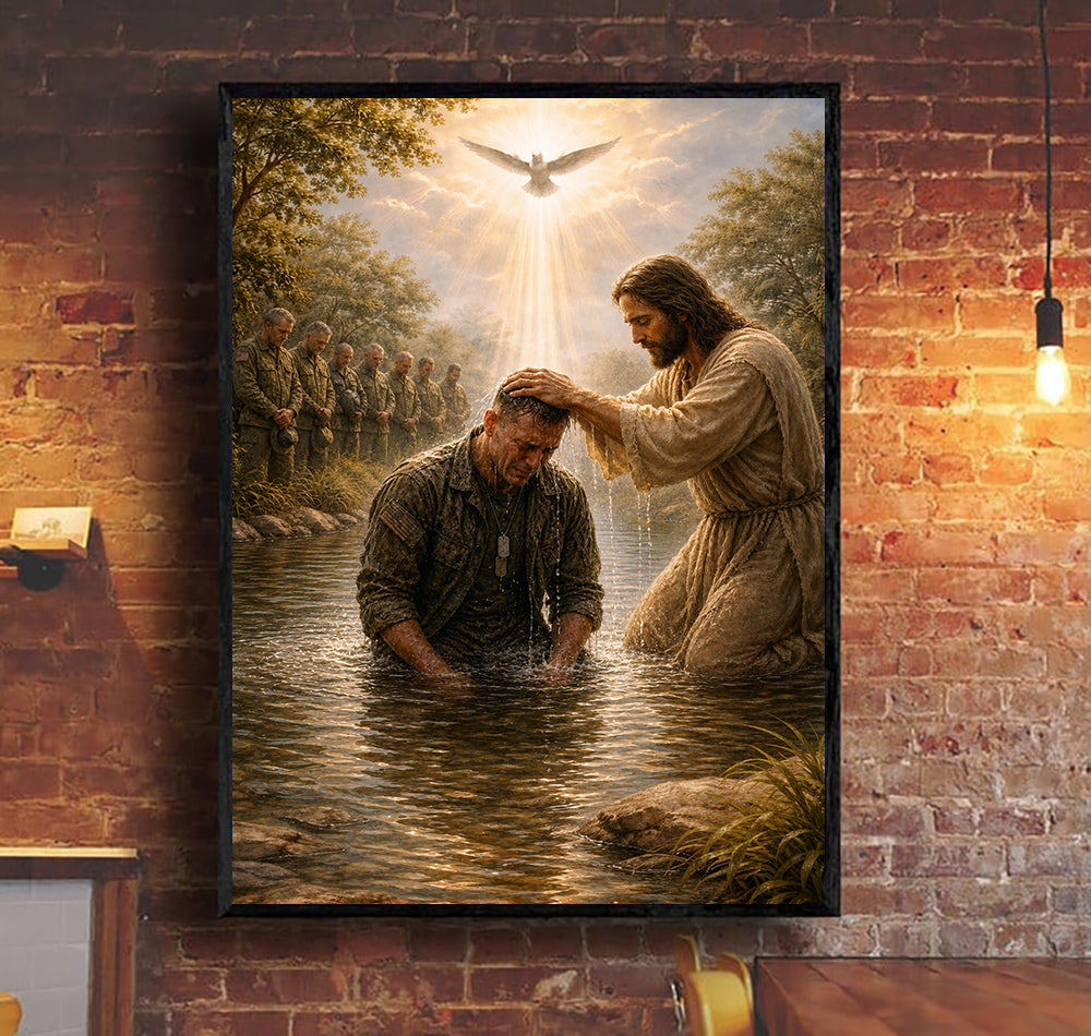 Jesus Baptism Printed Canvas, Father’s Day Gift for Dad, Christian Wall Art Decor with Veteran Soldier Baptized in River Design