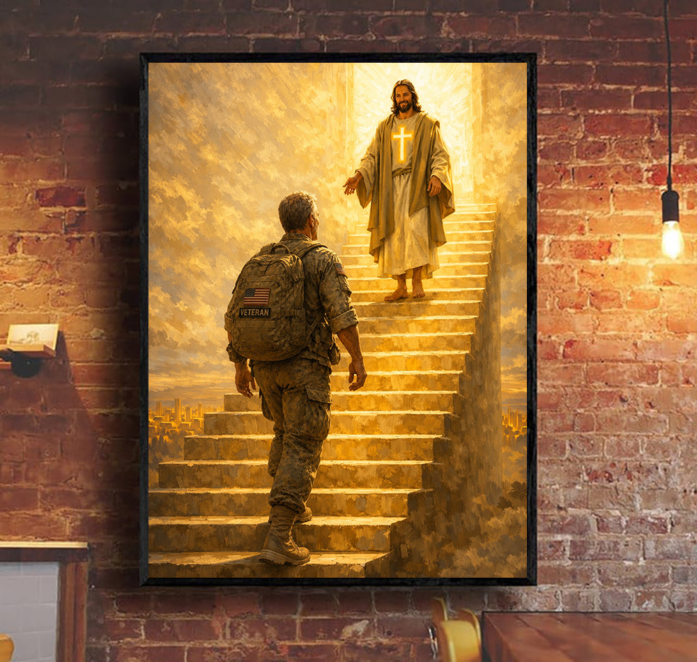 Jesus Veteran Printed Canvas, Father’s Day Gift for Dad, Christian Military Wall Art Decor with Soldier Walking to Heaven Design