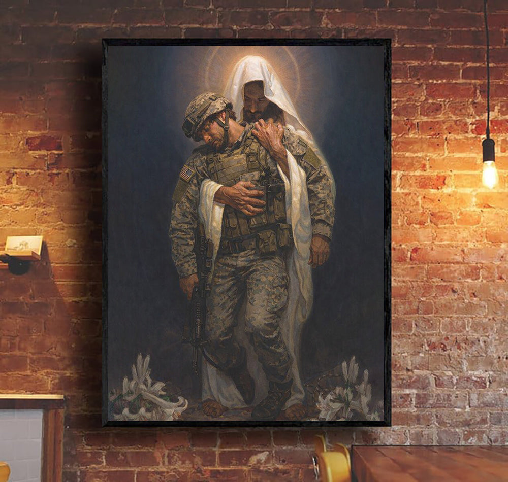 Jesus Embracing Soldiers Canvas Wall Art, Christian Military Canvas for Veterans & Faith Home Decor
