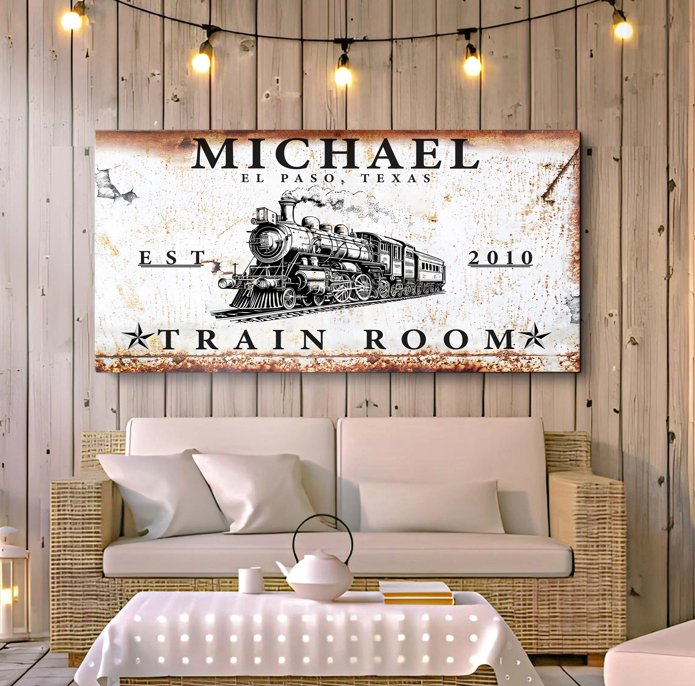 Railspirit Personalized Vintage Train Long Tail Canvas Rusty Train Room Home Decor Custom with Name, Year and Location for Train Lovers