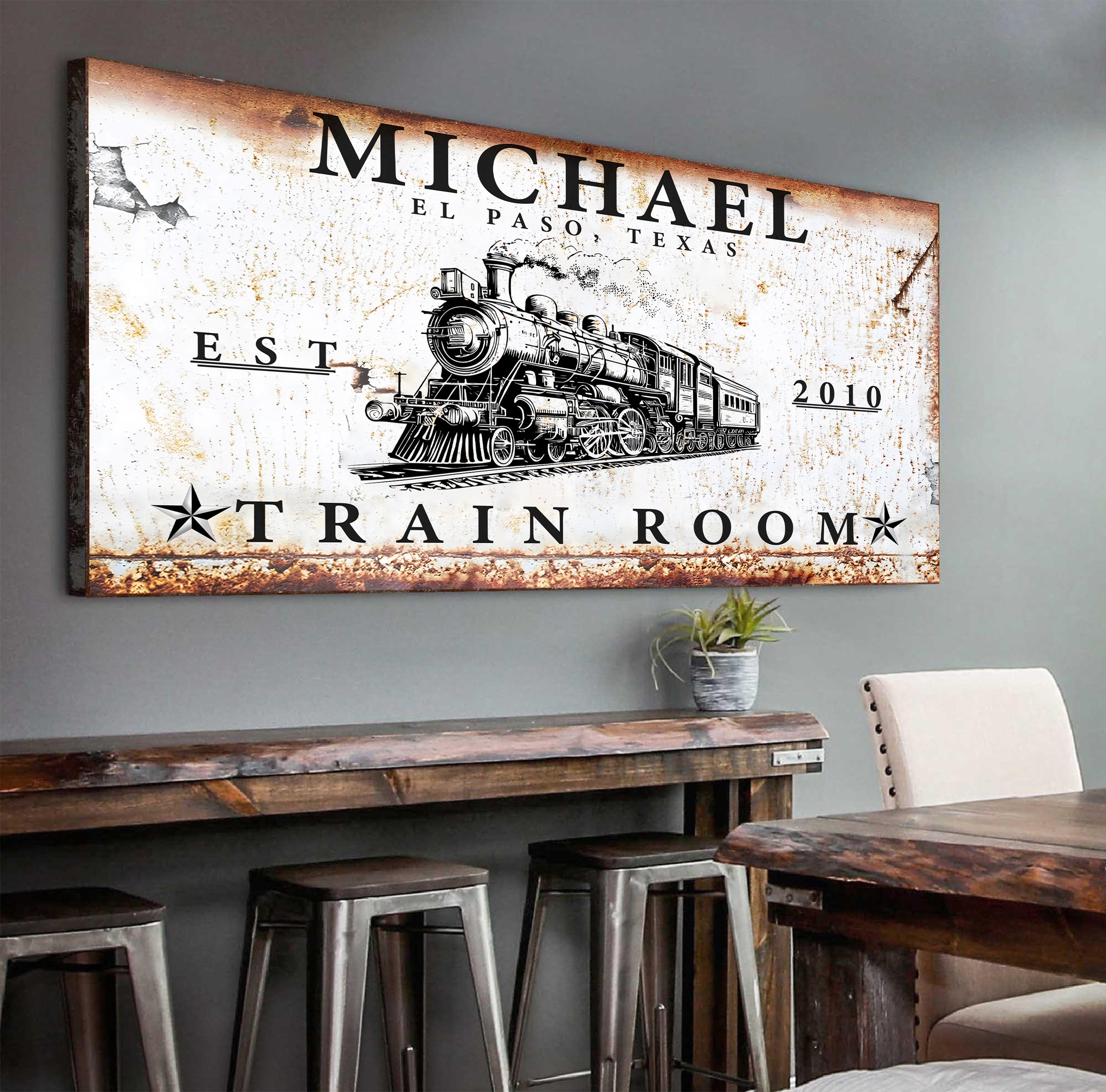 Railspirit Personalized Vintage Train Long Tail Canvas Rusty Train Room Home Decor Custom with Name, Year and Location for Train Lovers