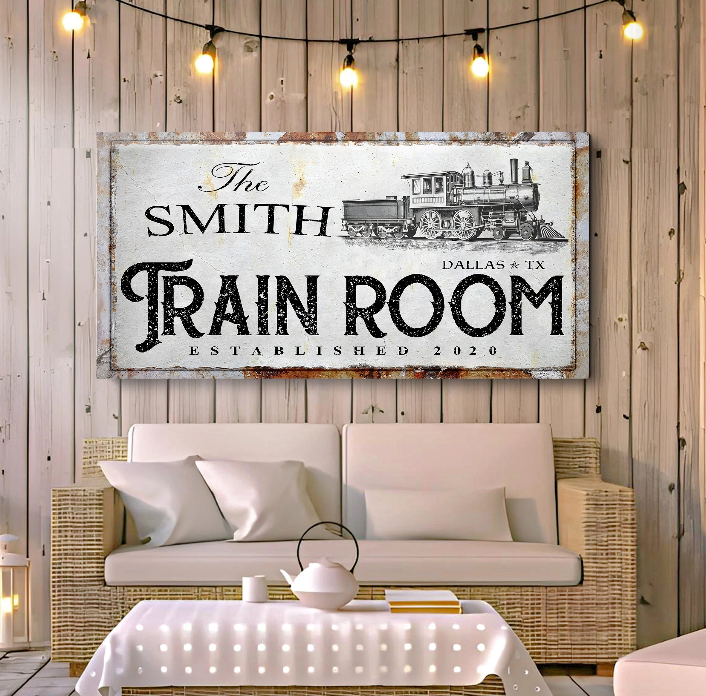 Railspirit Personalized Train Canvas Rusty Train Room Home Decor Custom with Name Year and Location for Train Enthusiasts