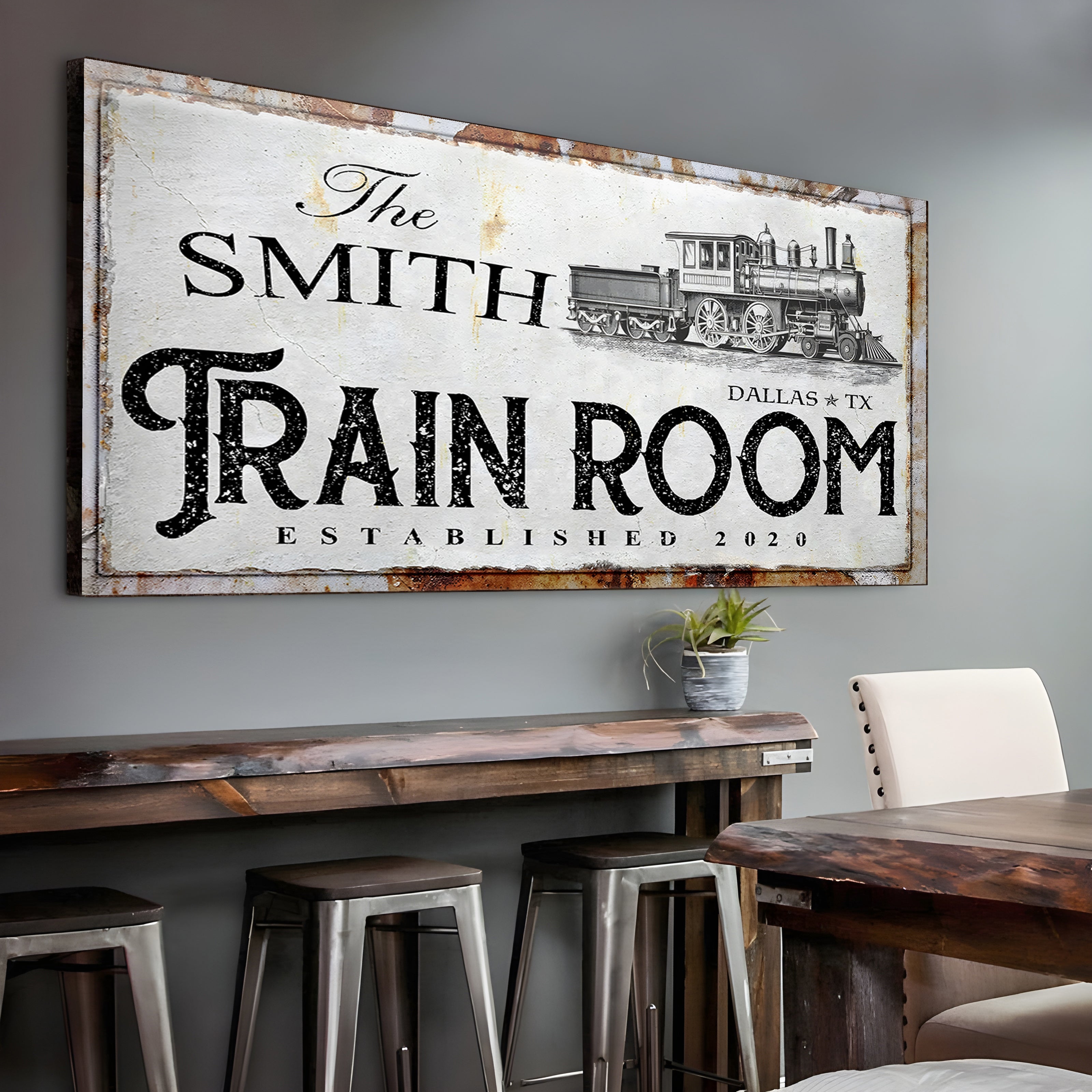 Railspirit Personalized Train Canvas Rusty Train Room Home Decor Custom with Name Year and Location for Train Enthusiasts