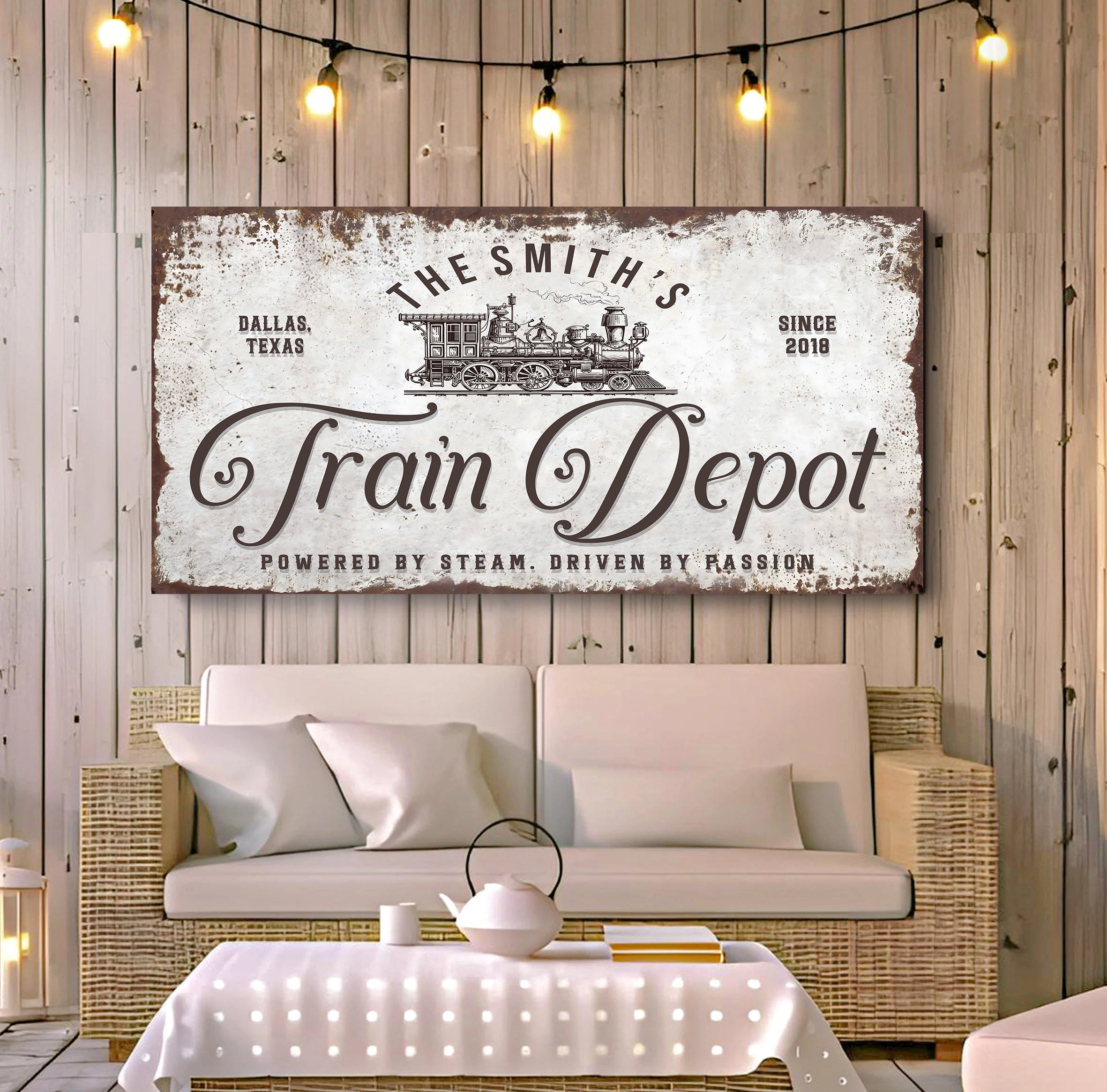 Railspirit Personalized Train Canvas Rusty Train Depot Home Decor Custom with Name Year and Location for Railroad Fanatic