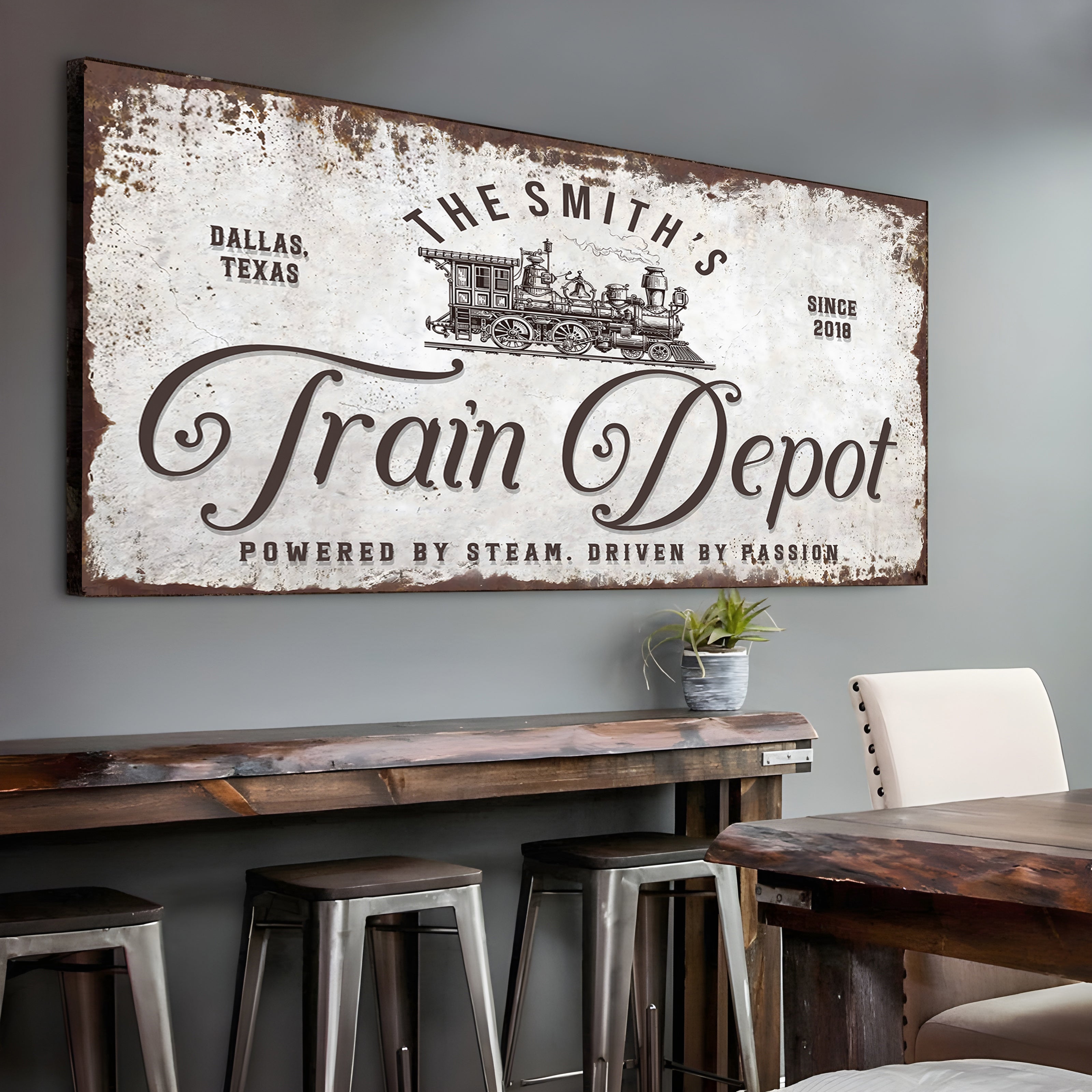 Railspirit Personalized Train Canvas Rusty Train Depot Home Decor Custom with Name Year and Location for Railroad Fanatic