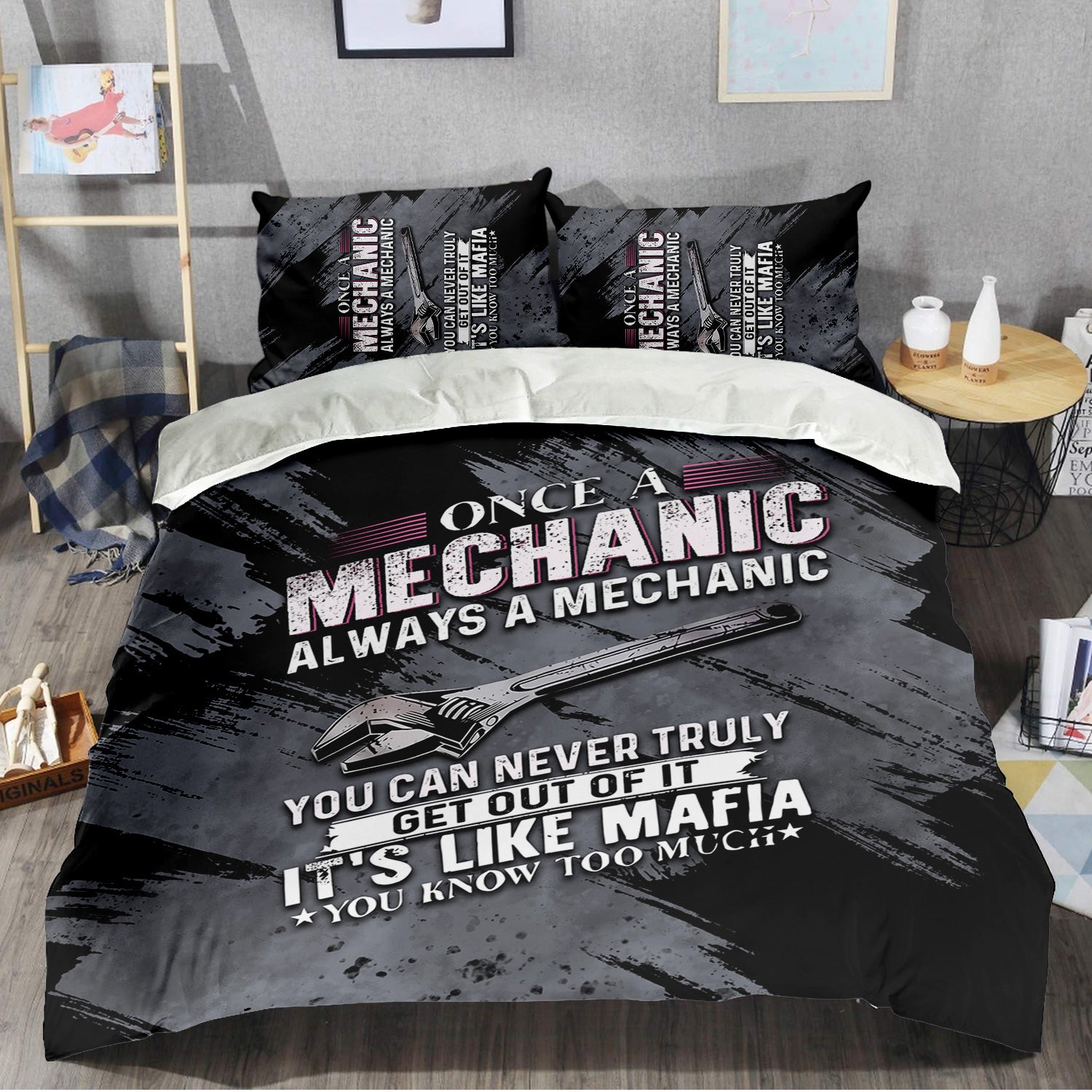 Once A Mechanic Always A Mechanic Bedding Set Funny Printed Vintage Mechanic Bedding Set Home Decor