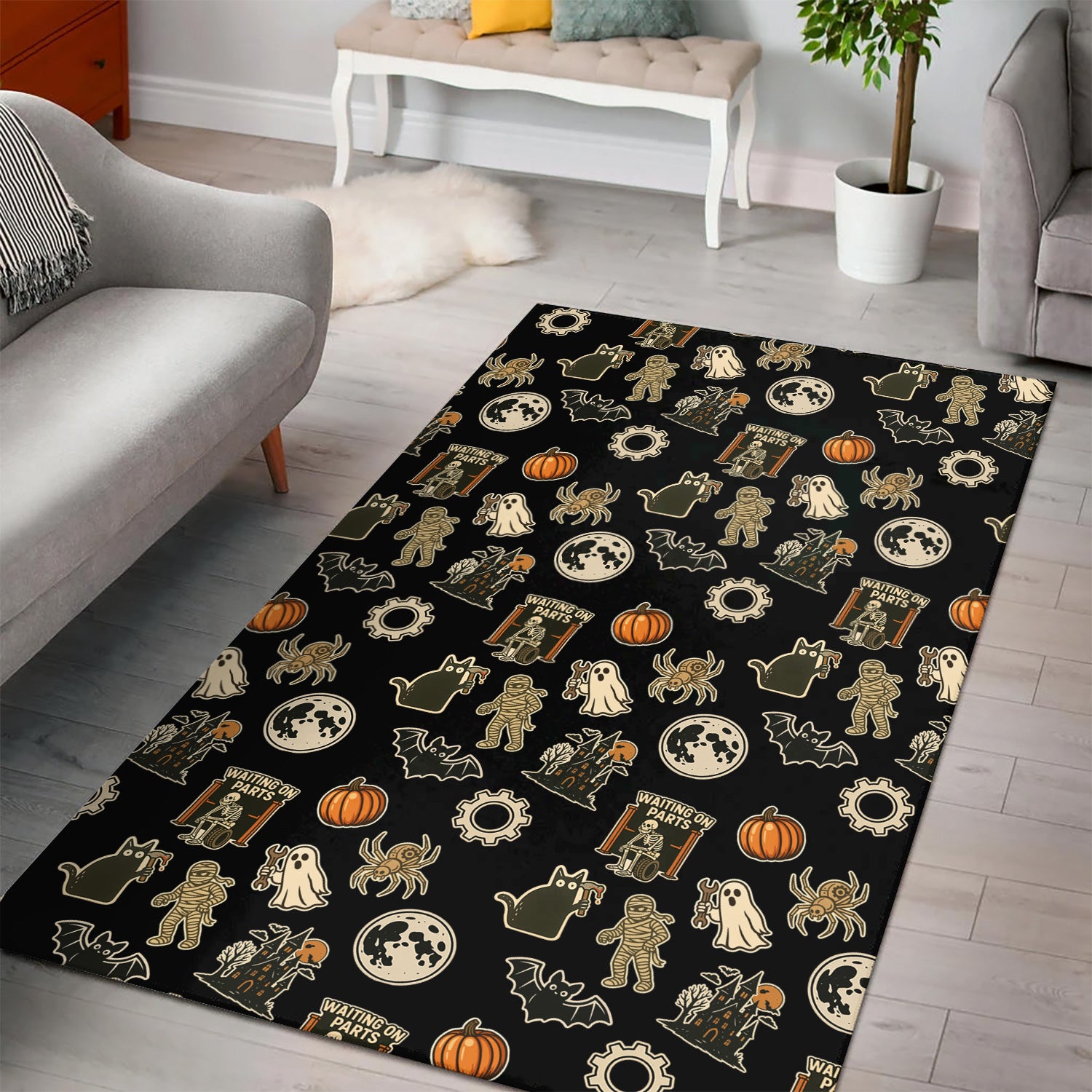 Funny Halloween Mechanic Rug Spooky Pumpkin Ghost Mummy Spider Bat Moon Costume Area Rug Garage Home Decor