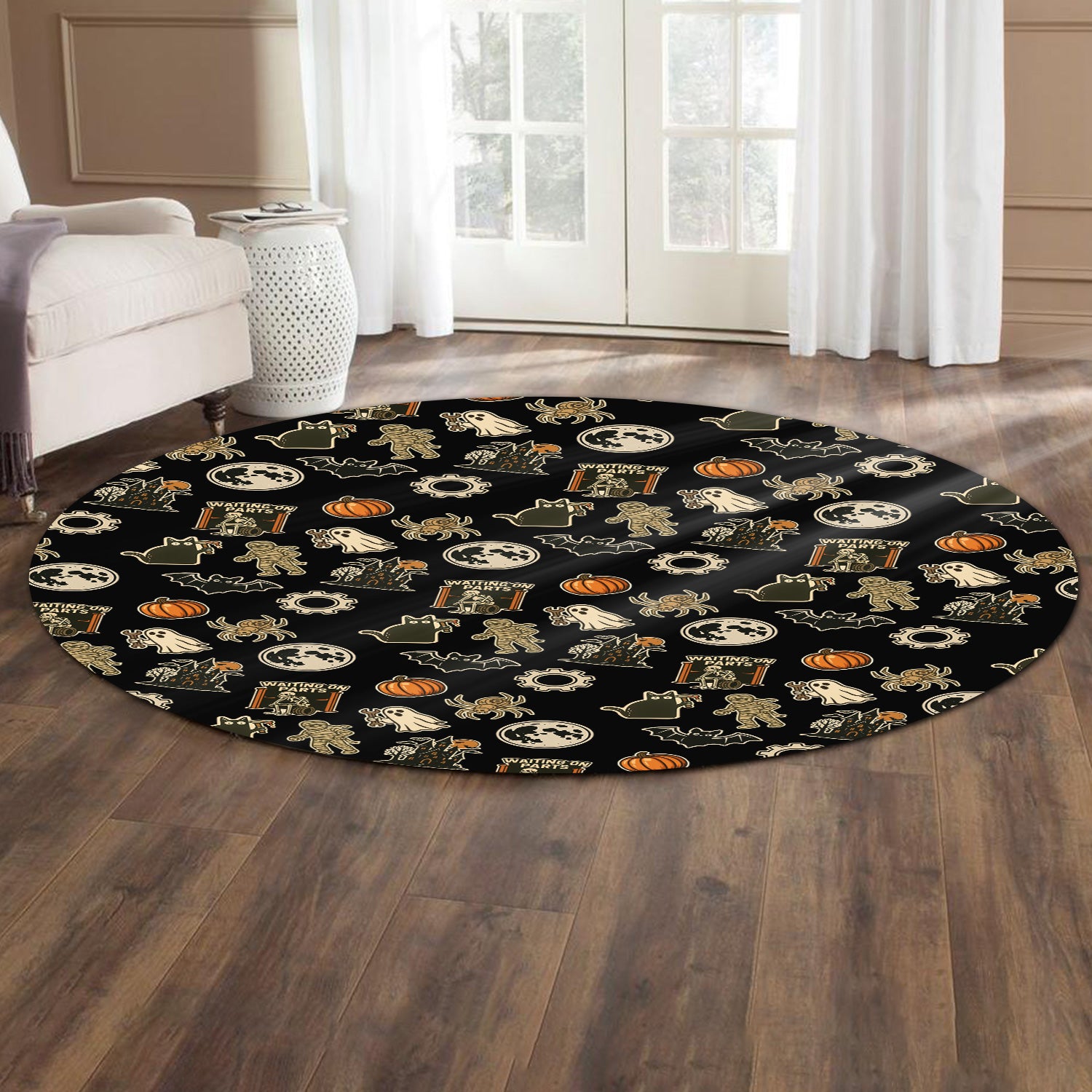 Funny Halloween Mechanic Round Mat , Spooky Pumpkin Ghost Mummy Spider Bat Moon Costume Funny Scary Rug for Mechanic