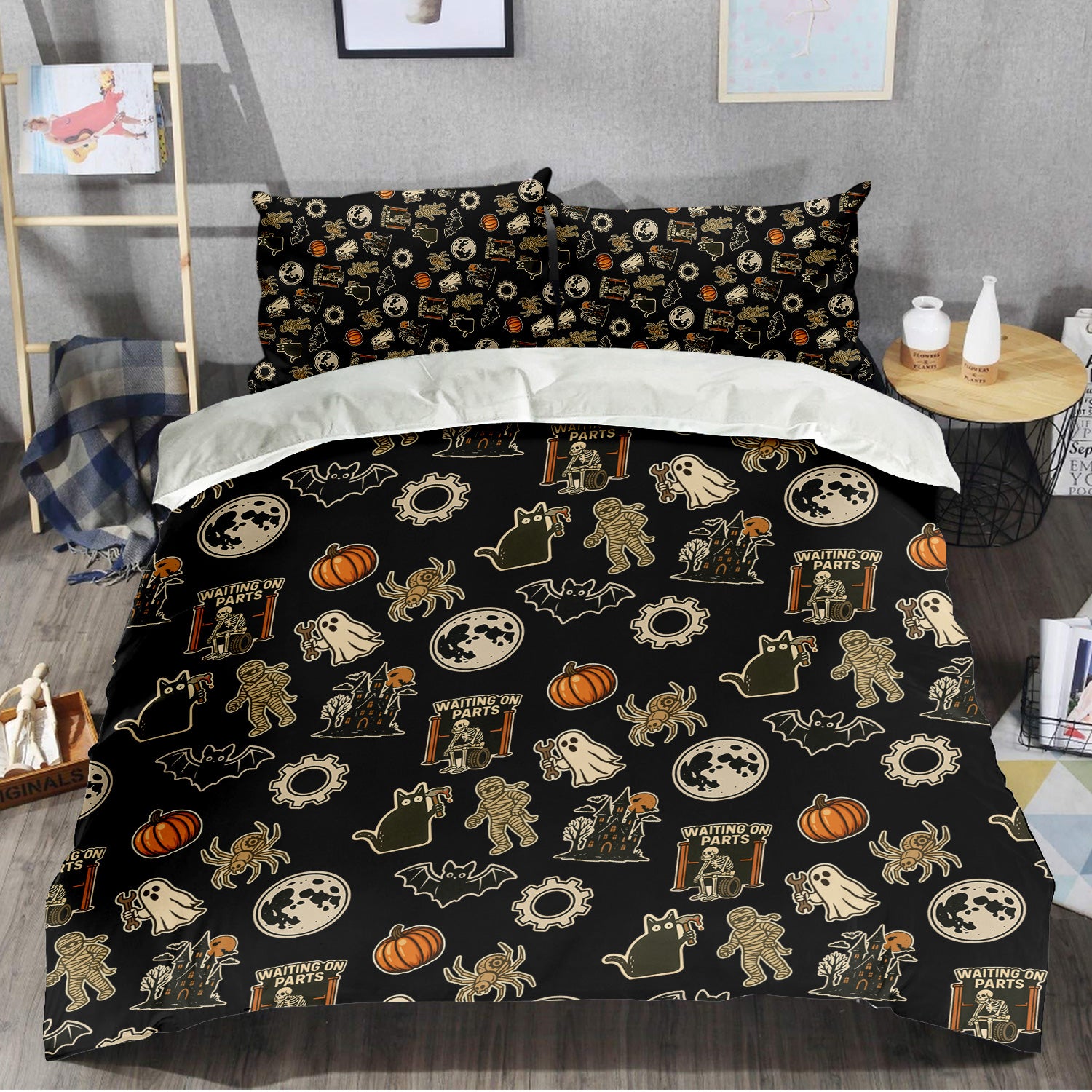 Funny Halloween Mechanic Bedding Set , Spooky Pumpkin Ghost Mummy Spider Bat Moon Costume Funny Scary Bedding Set for Mechanic