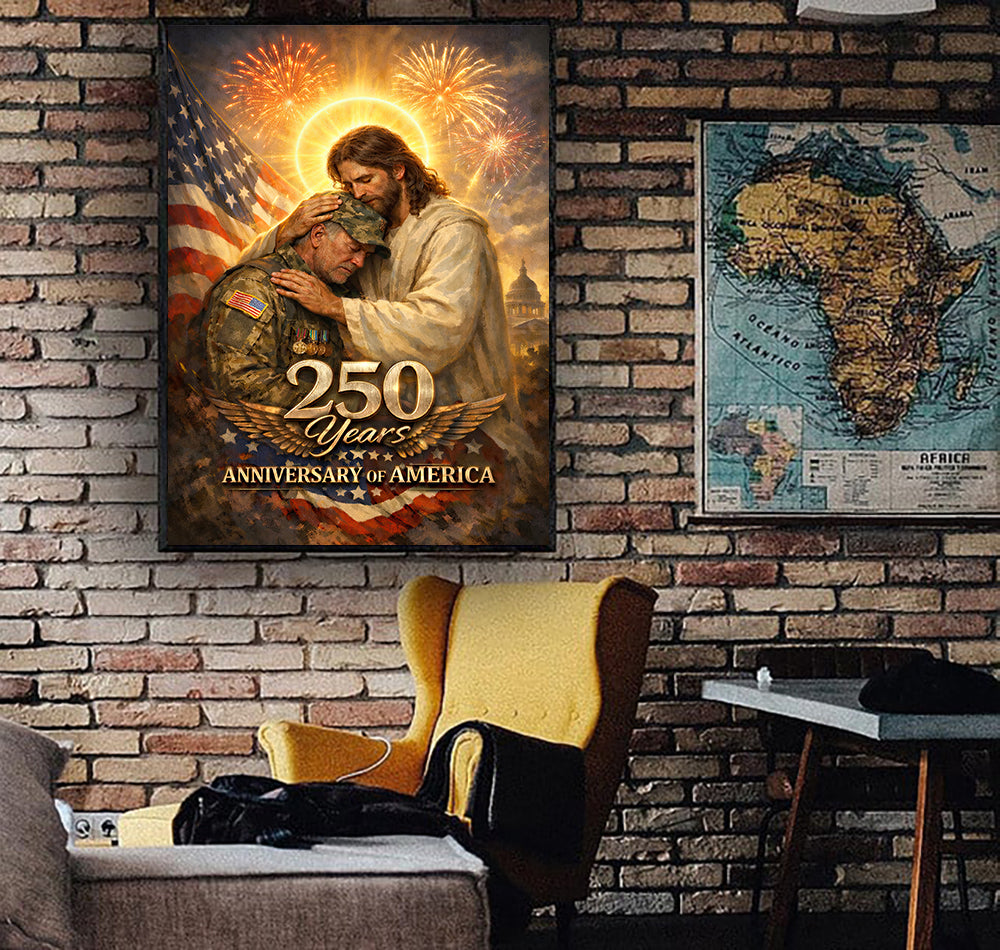 Jesus Comforting Soldier Wall Art Canvas, USA 250 Years Anniversary Canvas, Patriotic Christian Decor, Veteran Gift, America 1776–2026