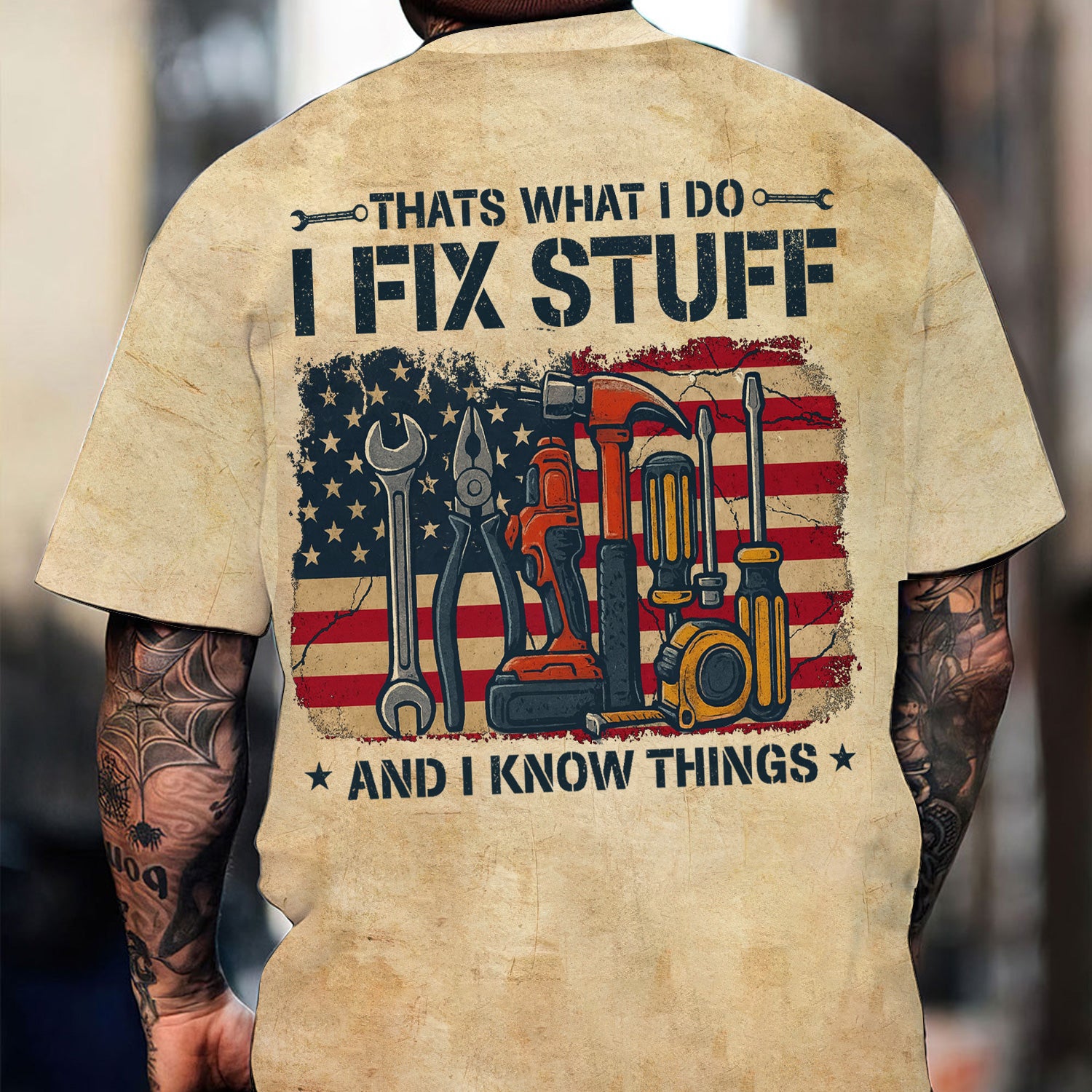 Funny Mechanic Shirt, That’s What I Do I Fix Stuff And I Know Things, American Flag Tool Graphic Tee, Gift For Repair Men