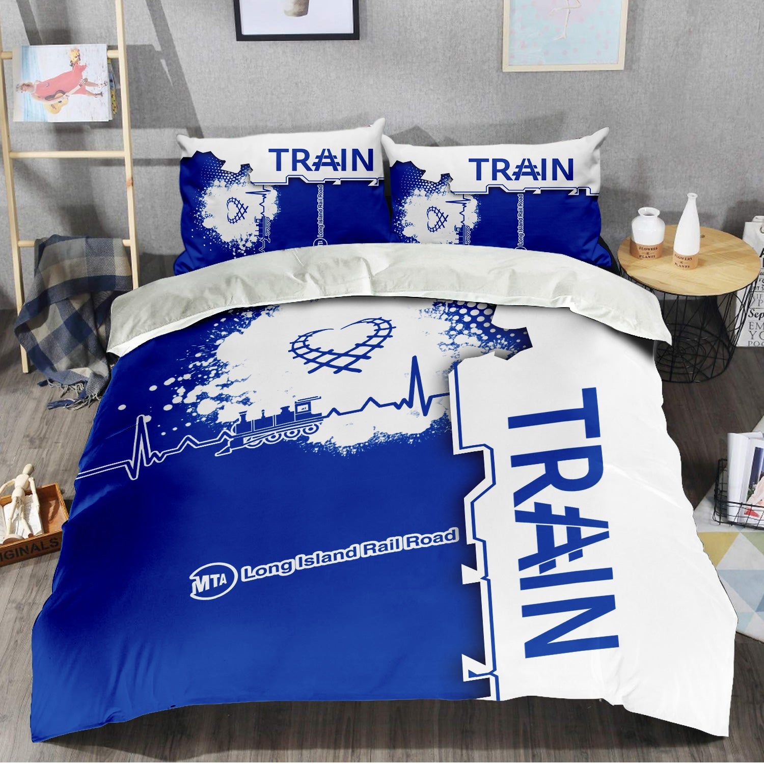Railspirit Long Island Railroad Bedding Set Engine Heartbeat and Track Love Style Bedding Set Gift Idea For Train Lovers