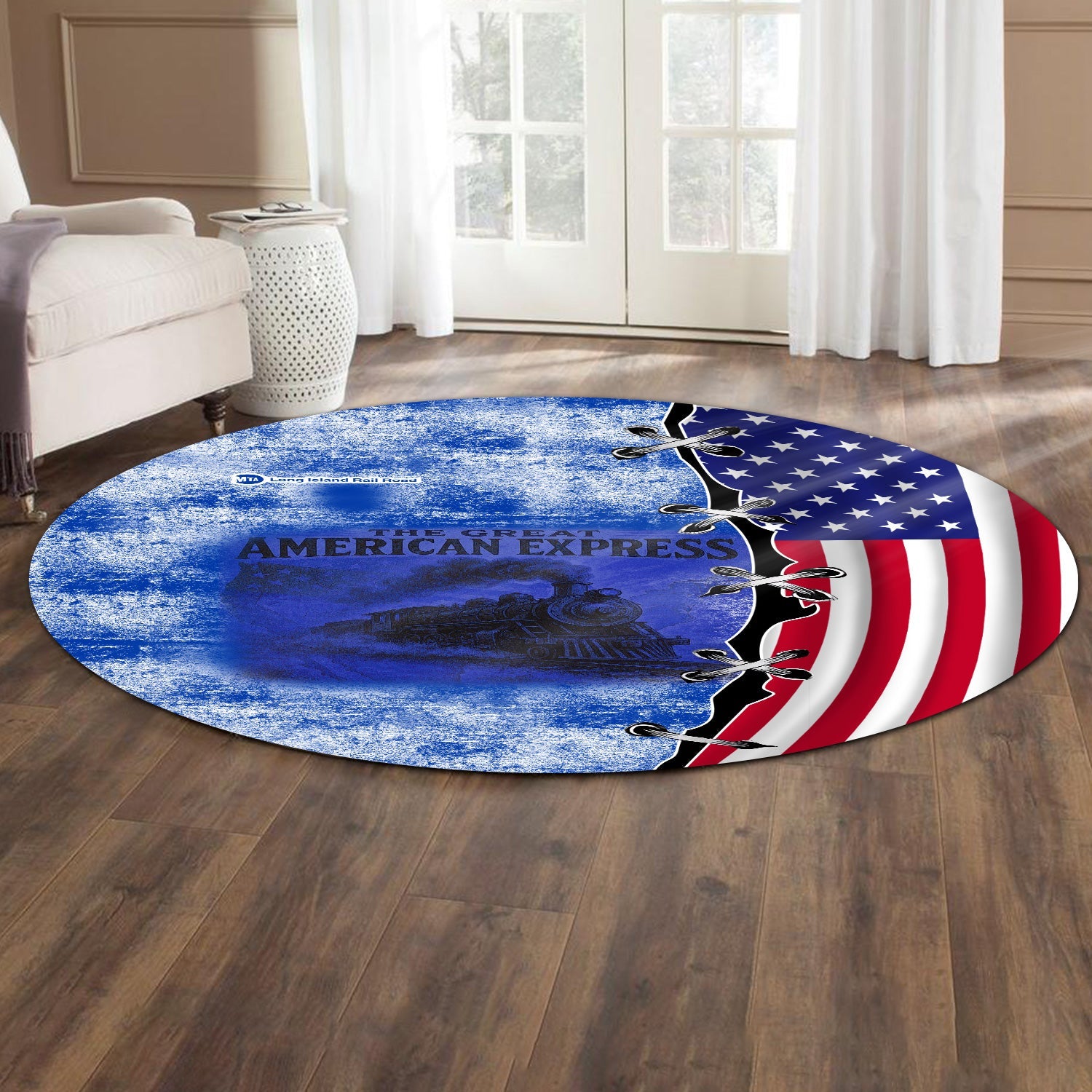 Railspirit Long Island Railroad Round Mat Retro American Express Train With USA Flag Round Mat