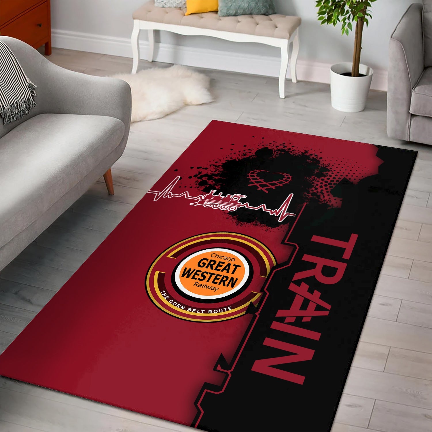 Railspirit Chicago Great Western Railroad Area Rug Engine Heartbeat and Track Love Style Rug Gift Idea For Train Lovers