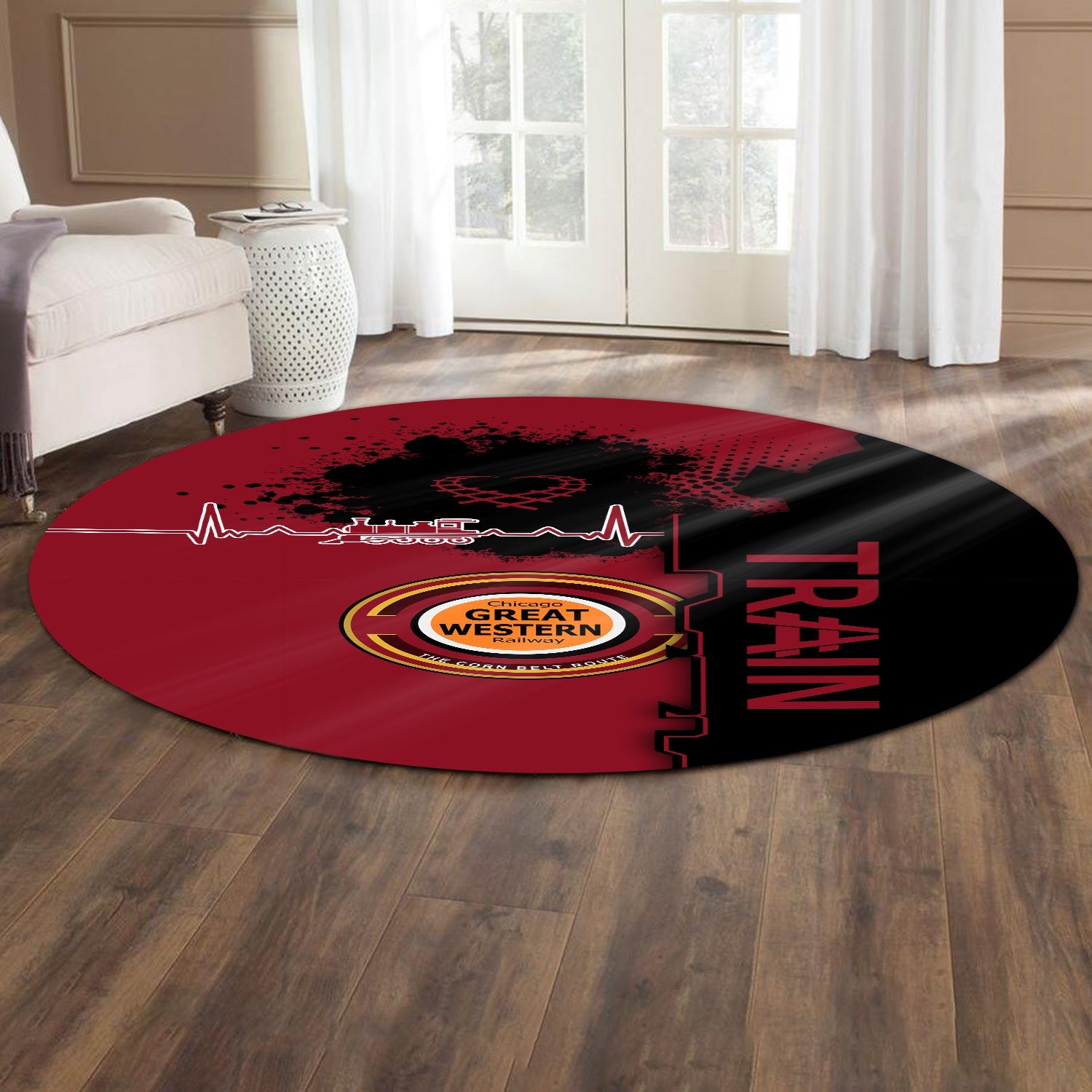 Railspirit Chicago Great Western Railroad Round Mat Engine Heartbeat and Track Love Style Mat Gift Idea For Train Lovers