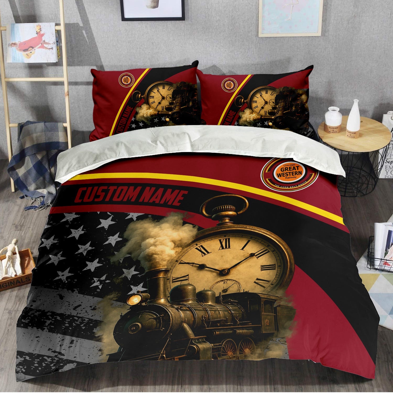 Railspirit Personalized Chicago Great Western Railroad Bedding Set Classic Steam Engine With Retro Pocket Watch Bedding Set All Over Print