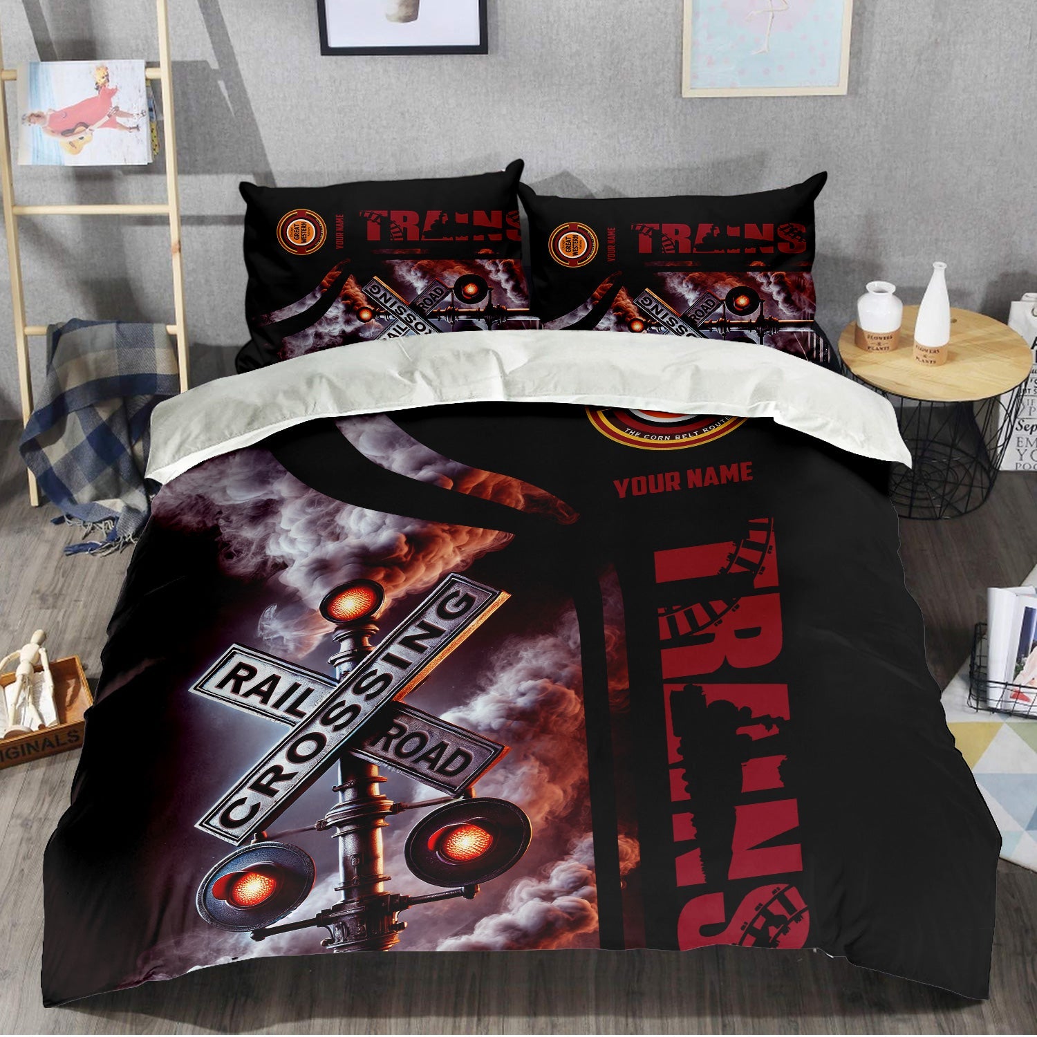 Railspirit Personalized Chicago Great Western Railroad Bedding Set Railroad Crossing Sign Bedding Set All Over Print