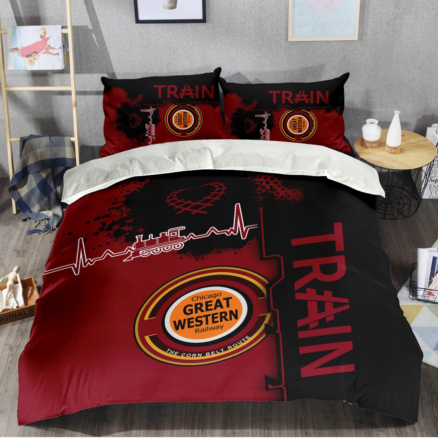 Railspirit Chicago Great Western Railroad Bedding Set Engine Heartbeat and Track Love Style Bedding Set Gift Idea For Train Lovers