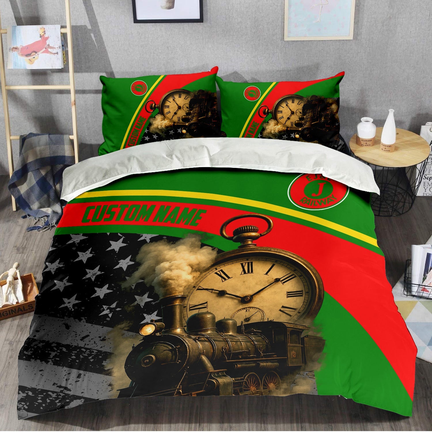 Railspirit Personalized Elgin Joliet And Eastern Railroad Bedding Set Classic Steam Engine With Retro Pocket Watch Bedding Set All Over Print
