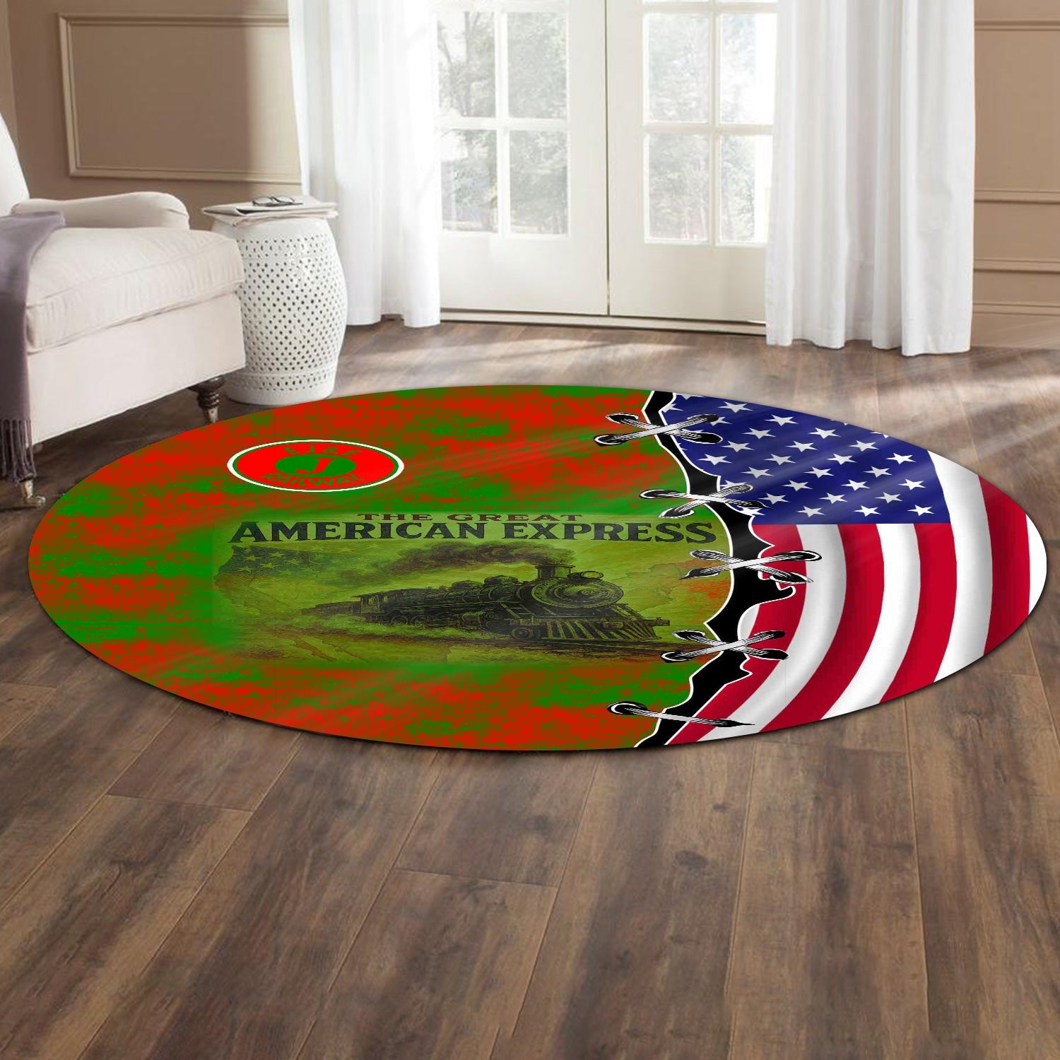 Railspirit Elgin Joliet And Eastern Railroad Round Mat Retro American Express Train With USA Flag Round Mat