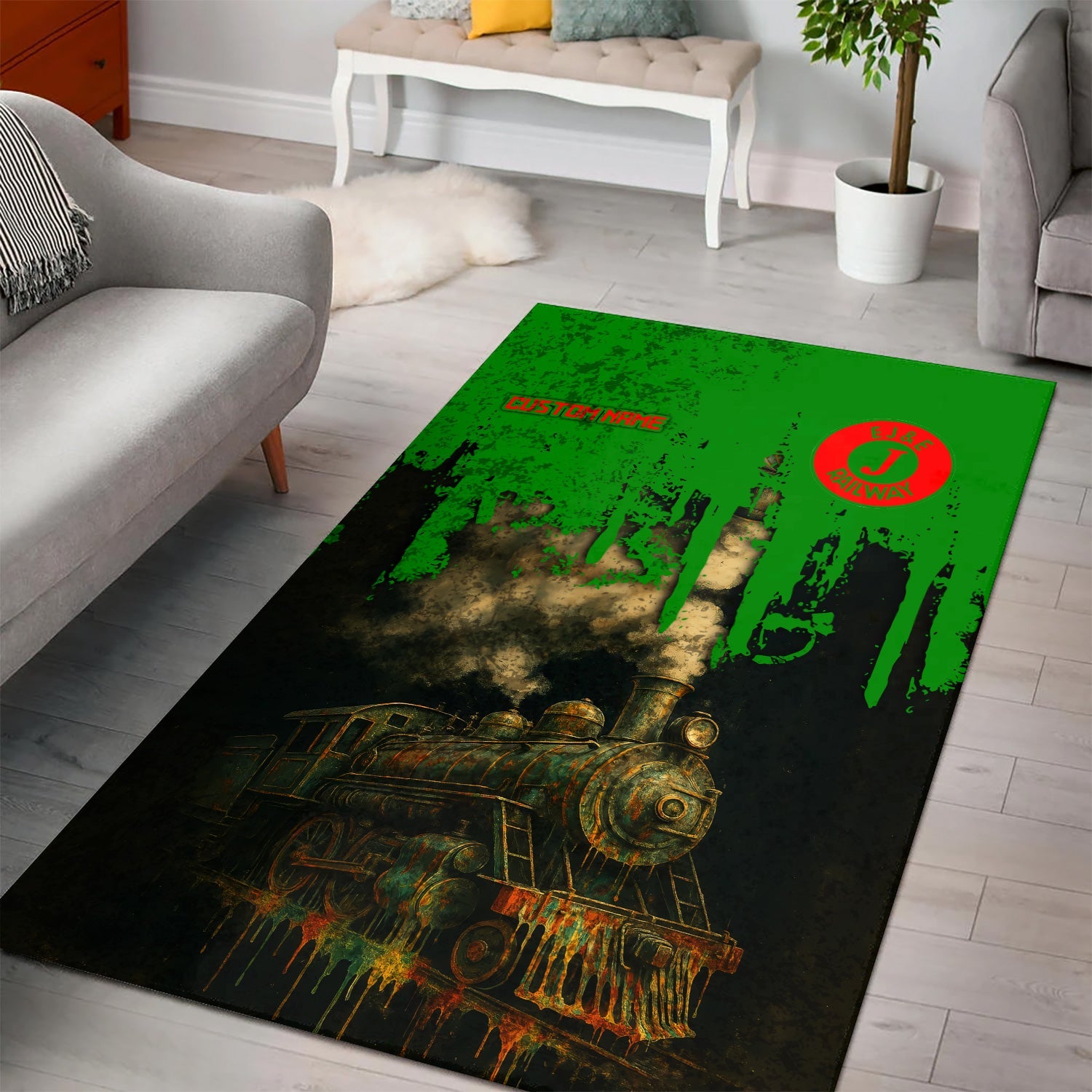 Railspirit Personalized Elgin Joliet And Eastern Railroad Area Rug Vintage Train Art Style Rug For Locomotive Fans