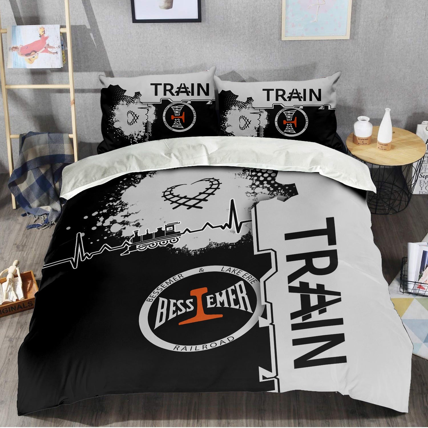 Railspirit Bessemer And Lake Erie Railroad Bedding Set Engine Heartbeat and Track Love Style Bedding Set Gift Idea For Train Lovers