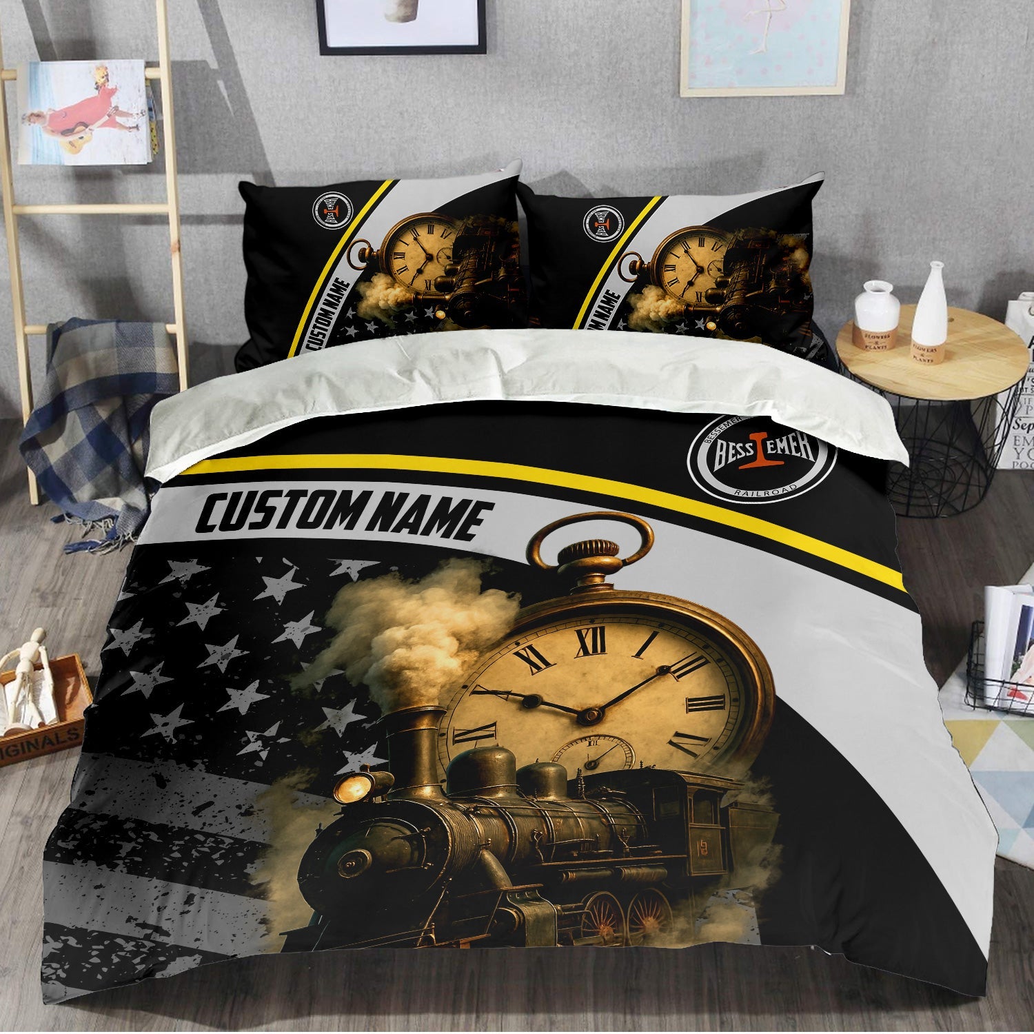 Railspirit Personalized Bessemer And Lake Erie Railroad Bedding Set Classic Steam Engine With Retro Pocket Watch Bedding Set All Over Print