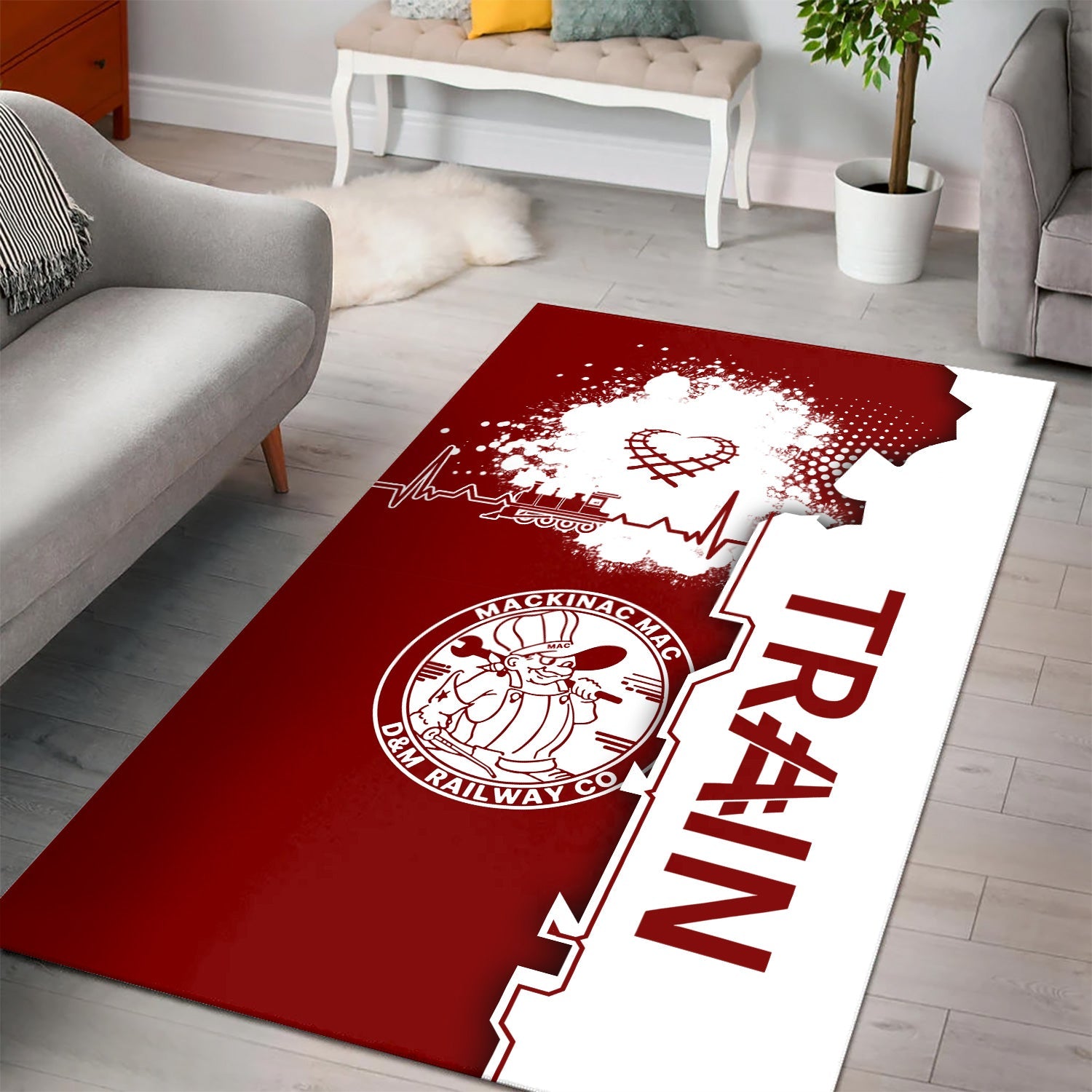 Railspirit Detroit & Mackinac Railroad Area Rug Engine Heartbeat and Track Love Style Rug Gift Idea For Train Lovers