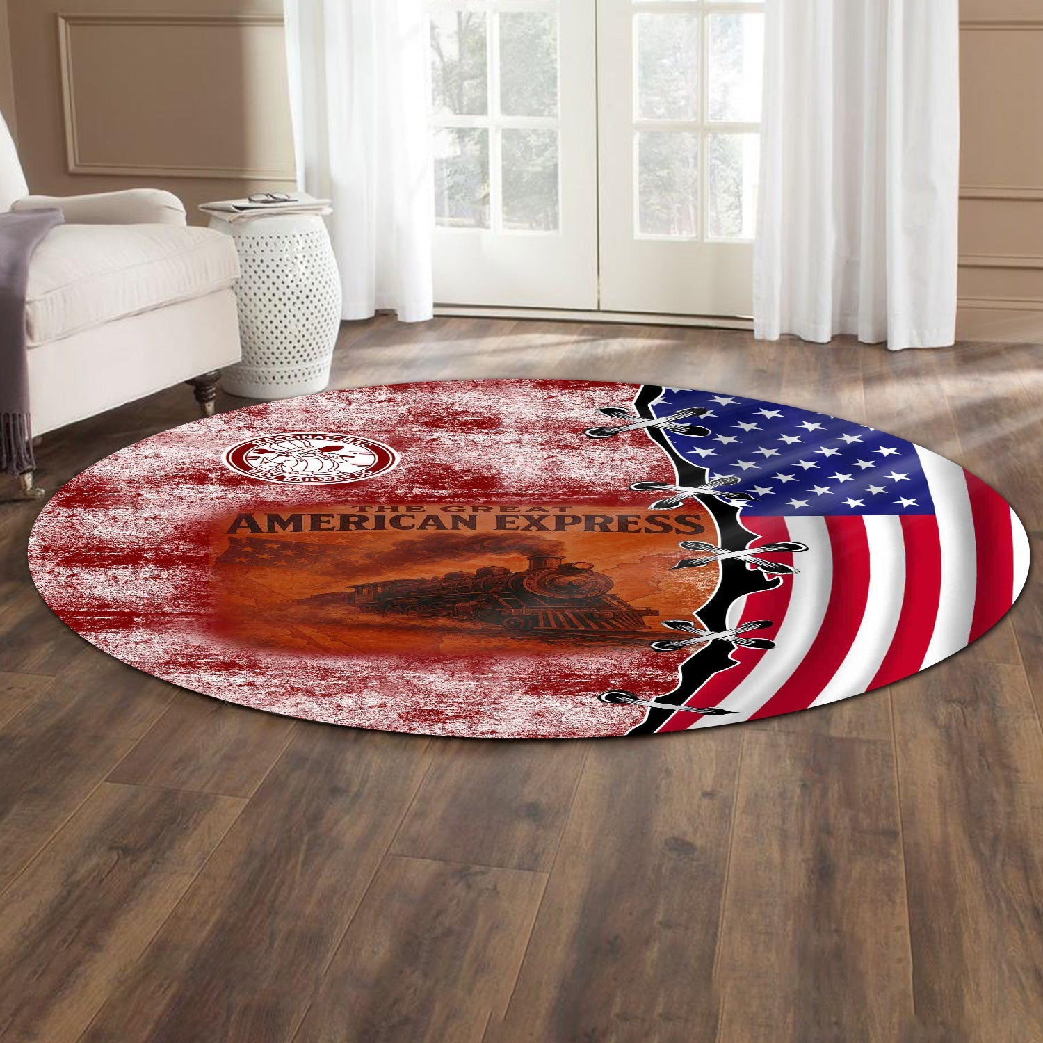 Railspirit Detroit & Mackinac Railroad Round Mat Retro American Express Train With USA Flag Round Mat