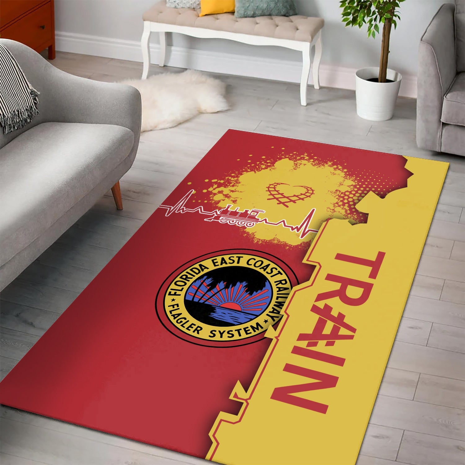 Railspirit Florida East Coast Railway Area Rug Engine Heartbeat and Track Love Style Rug Gift Idea For Train Lovers