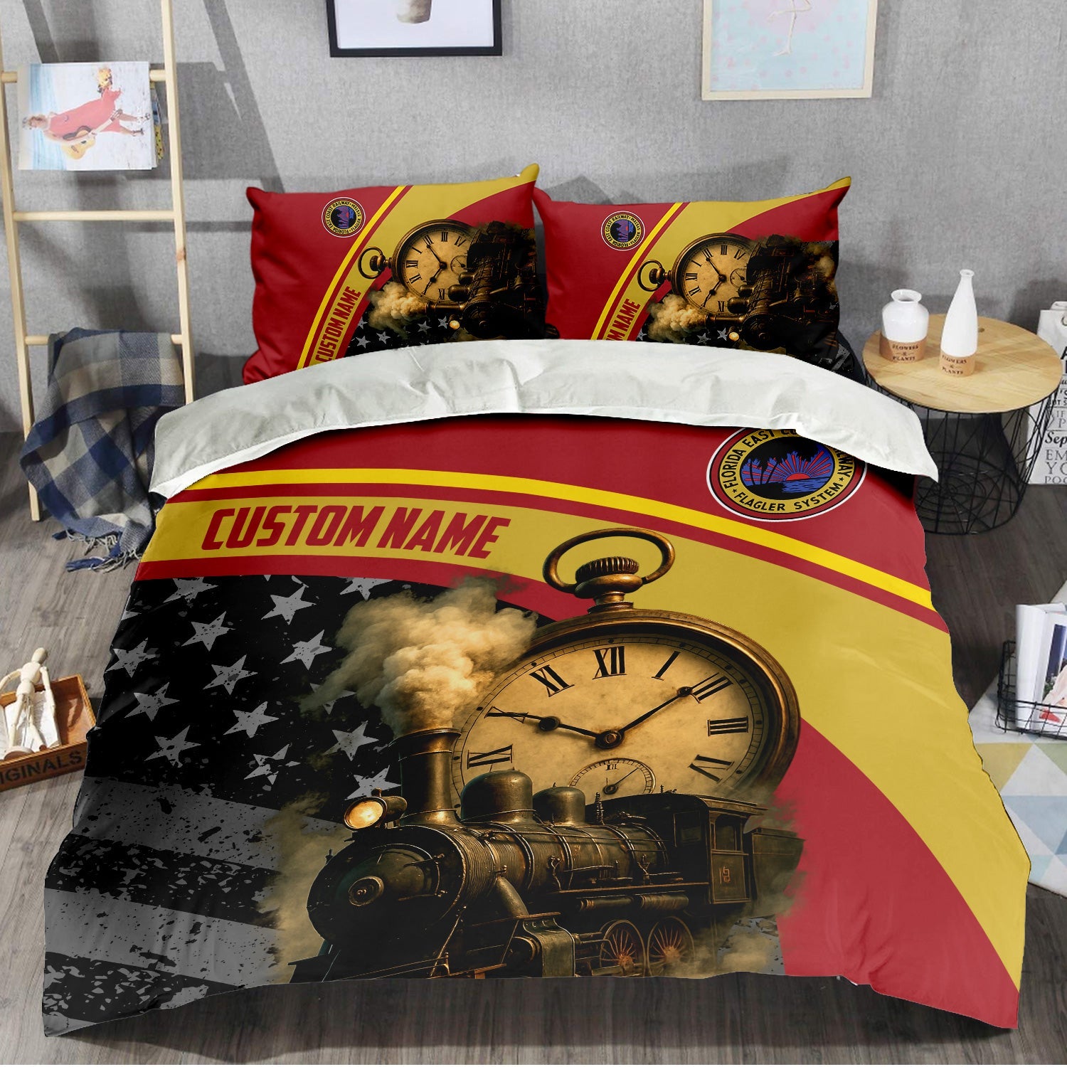 Railspirit Personalized Florida East Coast Railway Bedding Set Classic Steam Engine With Retro Pocket Watch Bedding Set All Over Print