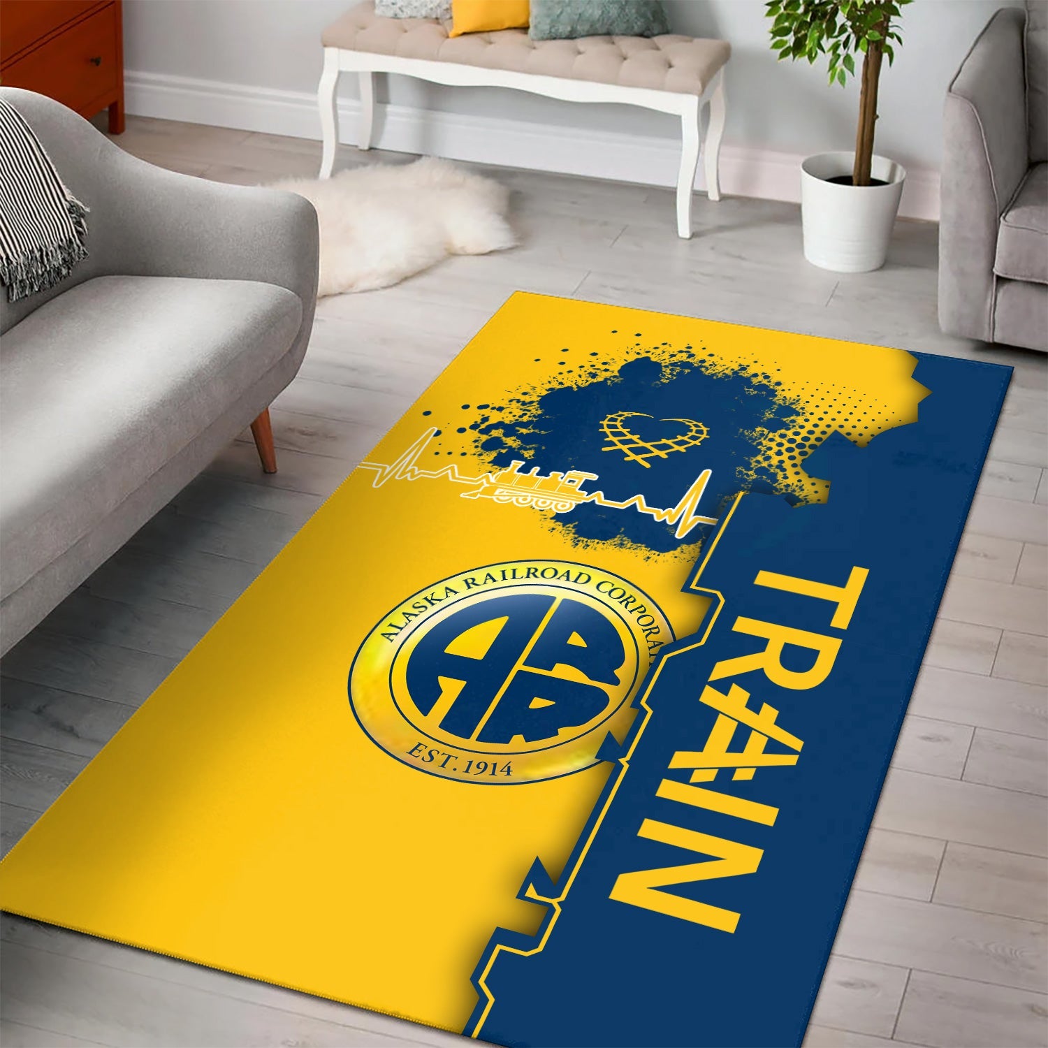 Railspirit Alaska Railroad Area Rug Engine Heartbeat and Track Love Style Rug Gift Idea For Train Lovers