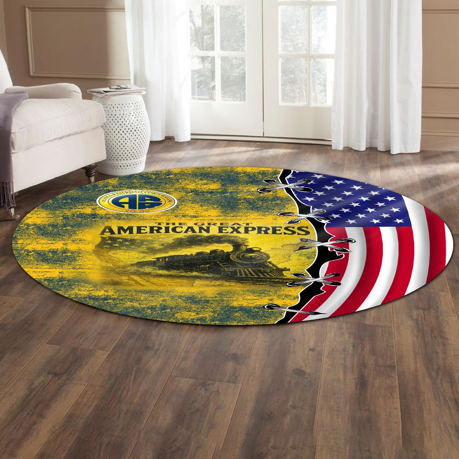 Railspirit Alaska Railroad Round Mat Retro American Express Train With USA Flag Round Mat
