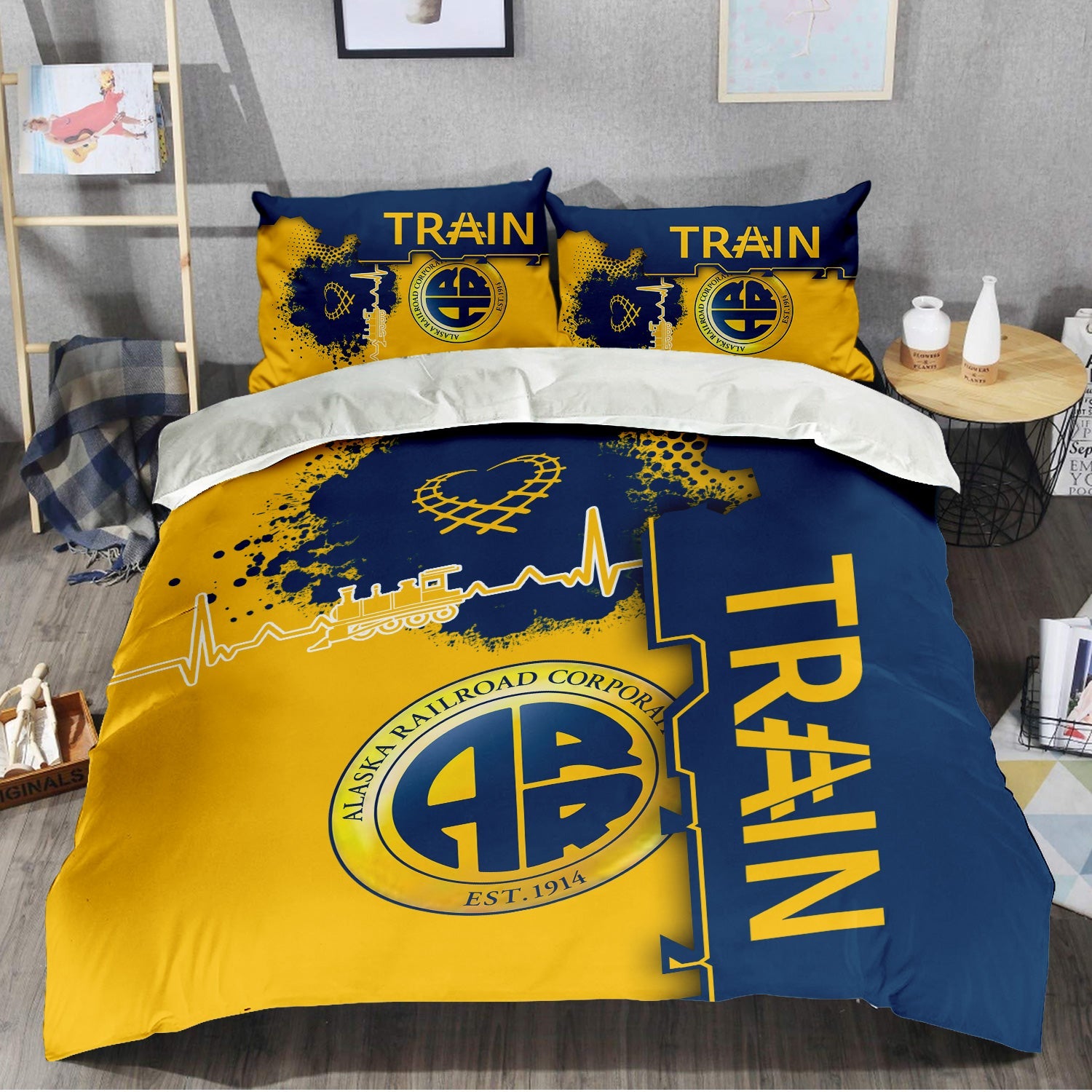 Railspirit Alaska Railroad Bedding Set Engine Heartbeat and Track Love Style Bedding Set Gift Idea For Train Lovers