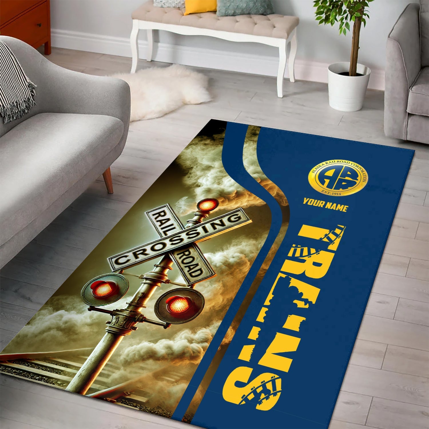 Railspirit Personalized Alaska Railroad Area Rug Railroad Crossing Sign Rug All Over Print