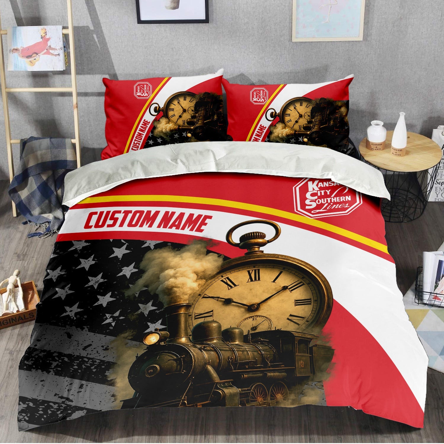 Railspirit Personalized Kansas City Southern Bedding Set Classic Steam Engine With Retro Pocket Watch Bedding Set All Over Print