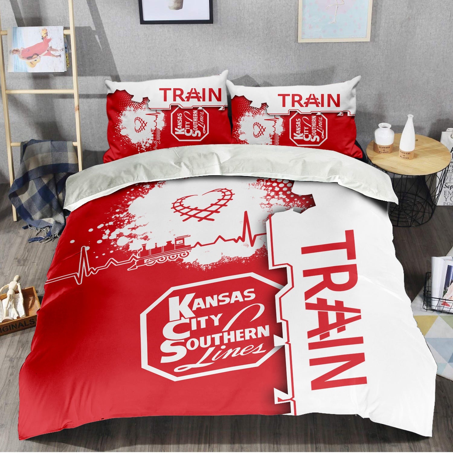 Railspirit Kansas City Southern Bedding Set Engine Heartbeat and Track Love Style Bedding Set Gift Idea For Train Lovers