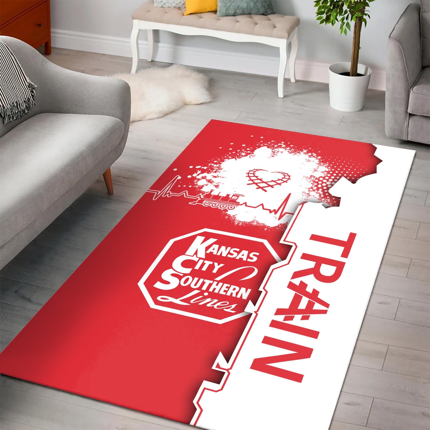 Railspirit Kansas City Southern Area Rug Engine Heartbeat and Track Love Style Rug Gift Idea For Train Lovers