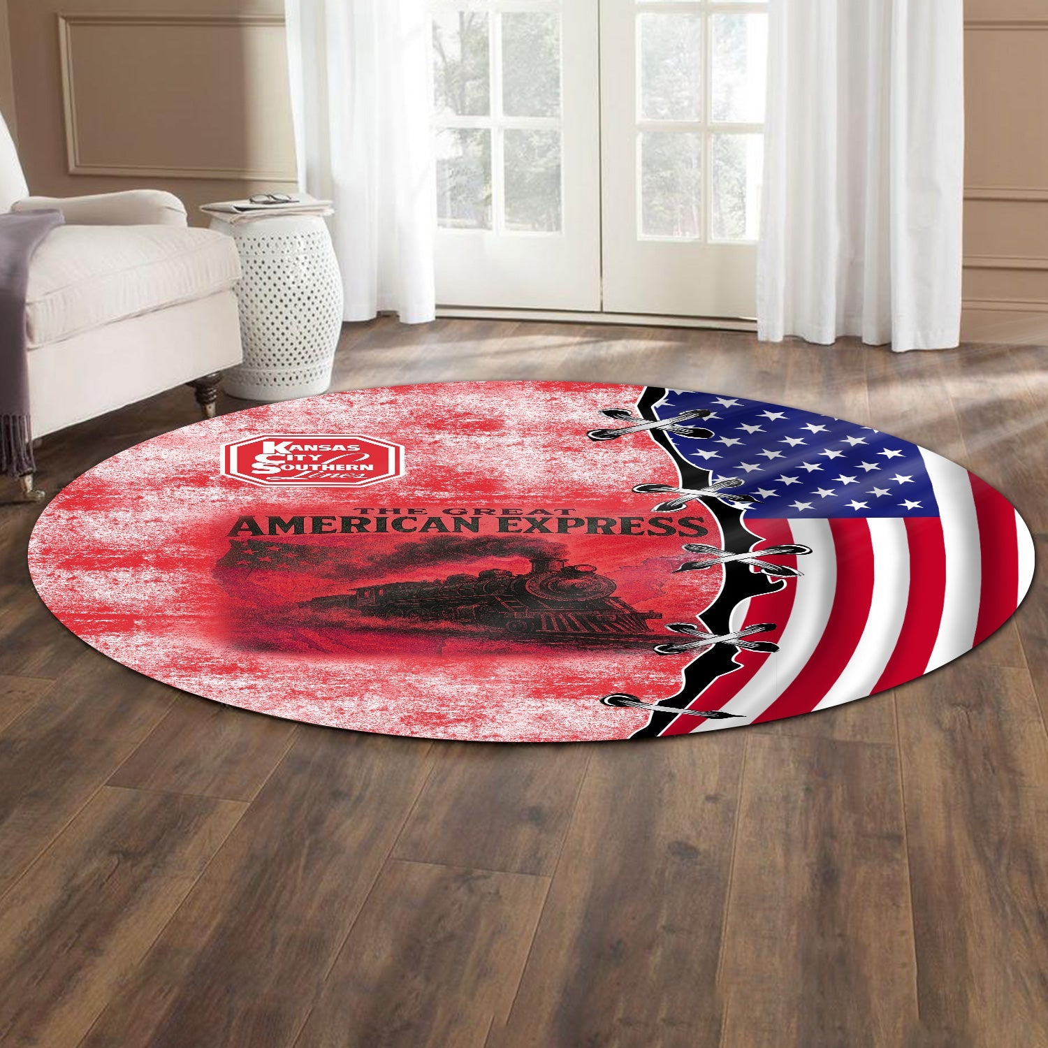 Railspirit Kansas City Southern Round Mat Retro American Express Train With USA Flag Round Mat