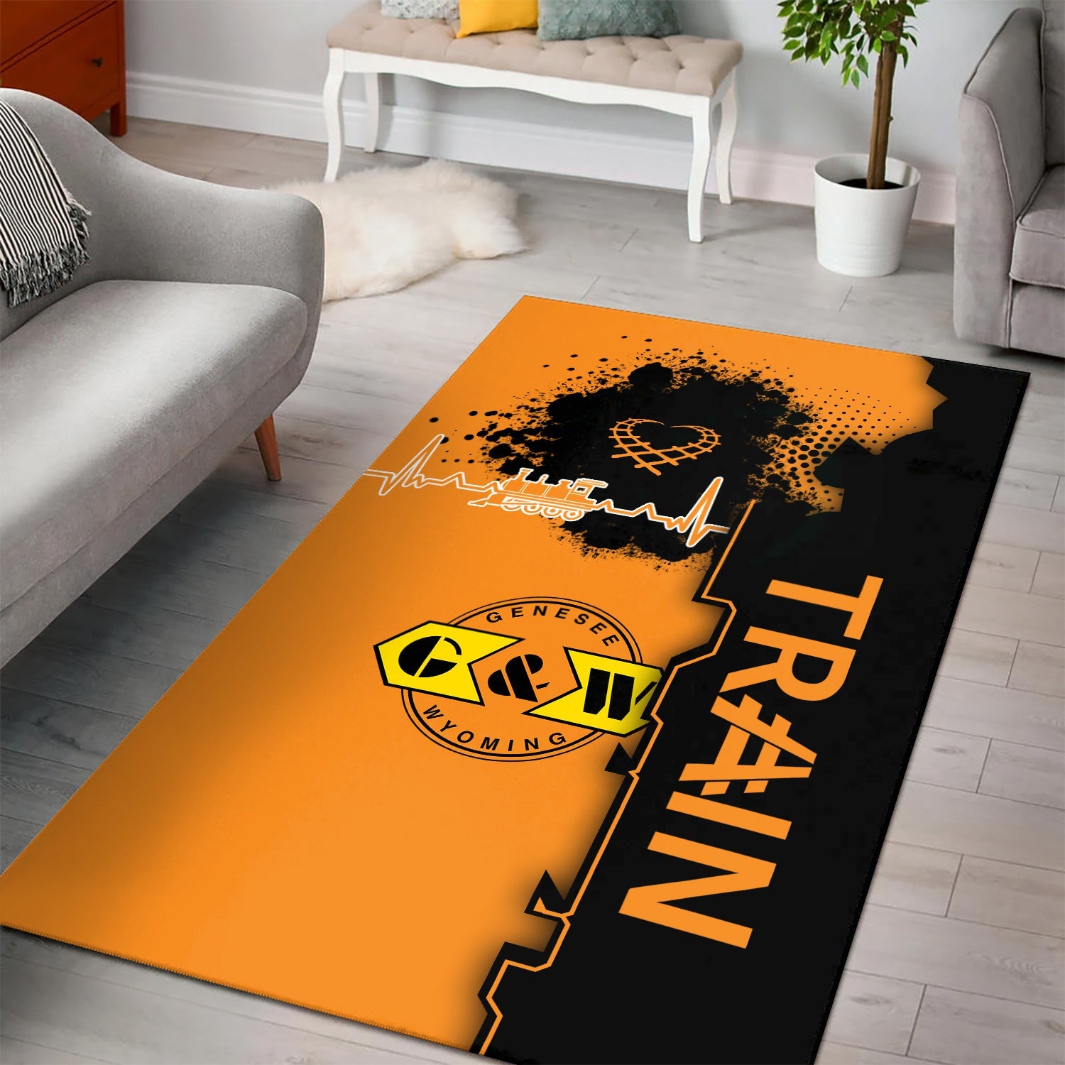 Railspirit Genesee & Wyoming Inc. Railroad Area Rug Engine Heartbeat and Track Love Style Rug Gift Idea For Train Lovers