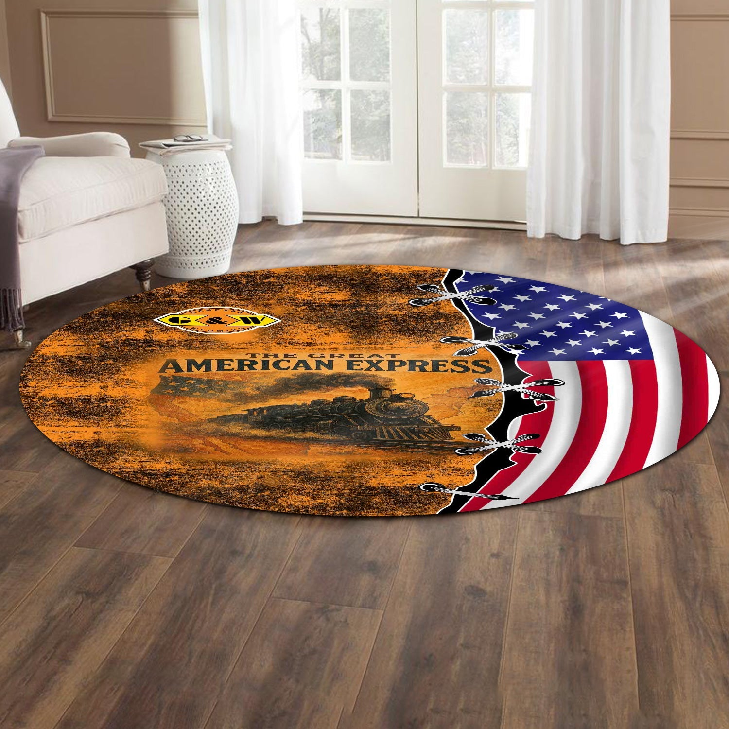 Railspirit Genesee & Wyoming Inc. Railroad Round Mat Retro American Express Train With USA Flag Round Mat