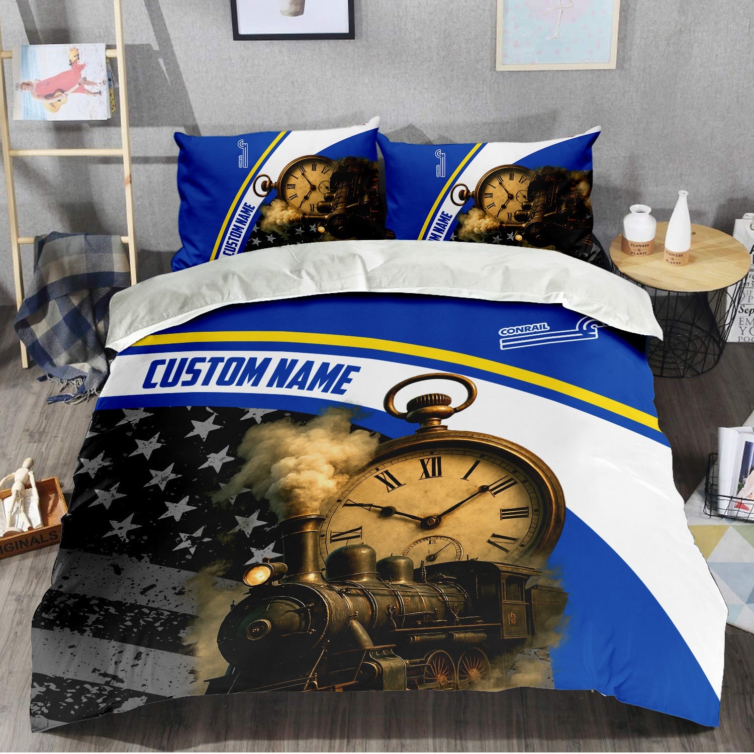 Railspirit Personalized Conrail Railroad Bedding Set Classic Steam Engine With Retro Pocket Watch Bedding Set All Over Print