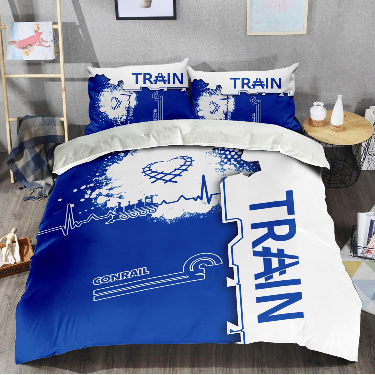 Railspirit Conrail Railroad Bedding Set Engine Heartbeat and Track Love Style Bedding Set Gift Idea For Train Lovers