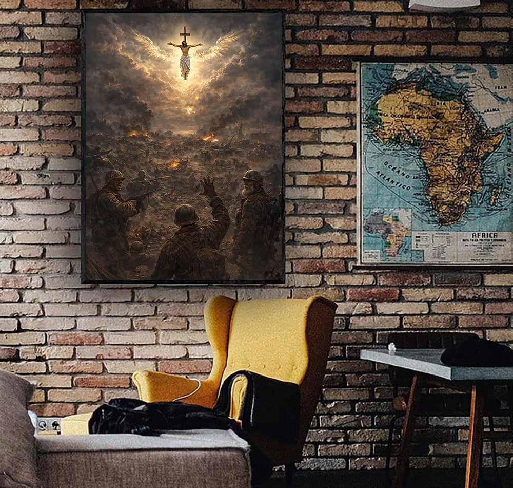 Jesus Christ Angel Over Battlefield Canvas Wall Art, Christian Religious Wall Art, War Scene Jesus Painting, Inspirational Christian Decor